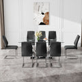 Table And Chair Set.Contemporary, Minimalist Rectangular Dining Table Featuring A Clear Tempered Glass Top And Sleek Silver Legs. Paried With Chairs Made Of Pu Material Cushion And Silver Metal Legs. Black Seats 8 Glass Metal