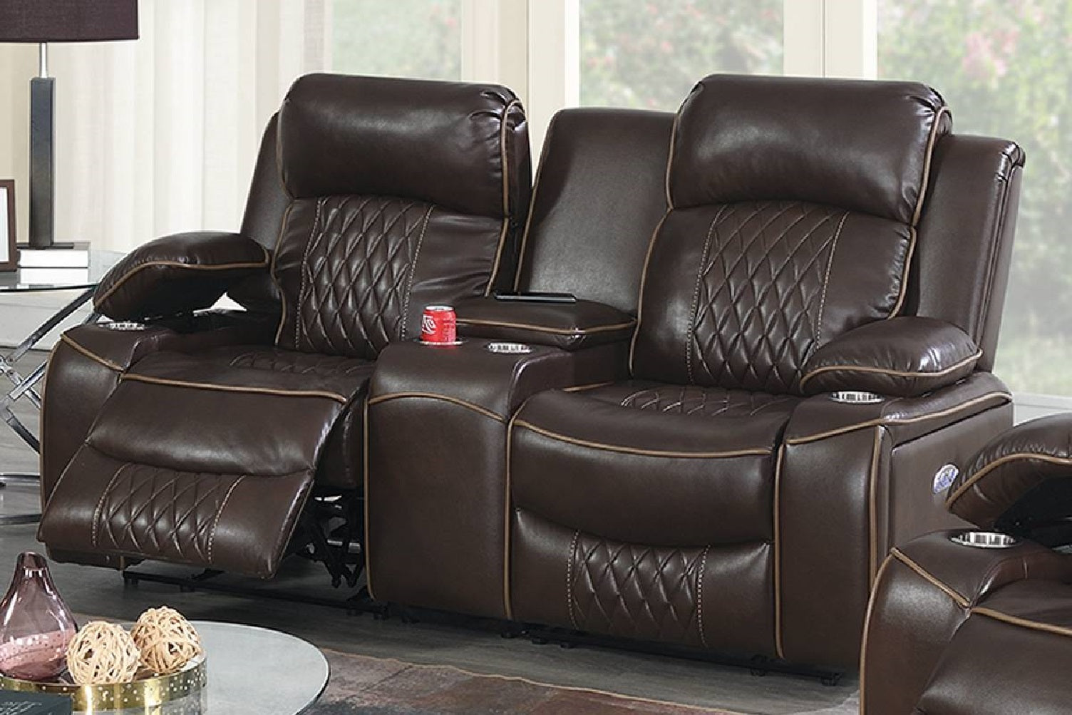Power Motion Loveseat 1Pc Contemporary Brown Color Gelstorage Arms W Cup Holder Living Room Furniture Brown Faux Leather Primary Living Space Cushion Back Contemporary,Modern Pillow Top Arms Metal & Wood 2 Seat