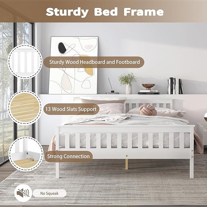 Queen Bed Frames With Headboard, Solid Wooden Platform Bed With Corner, Modern Low Profile Bed Frame, No Box Spring Needed, White Queen White Wood
