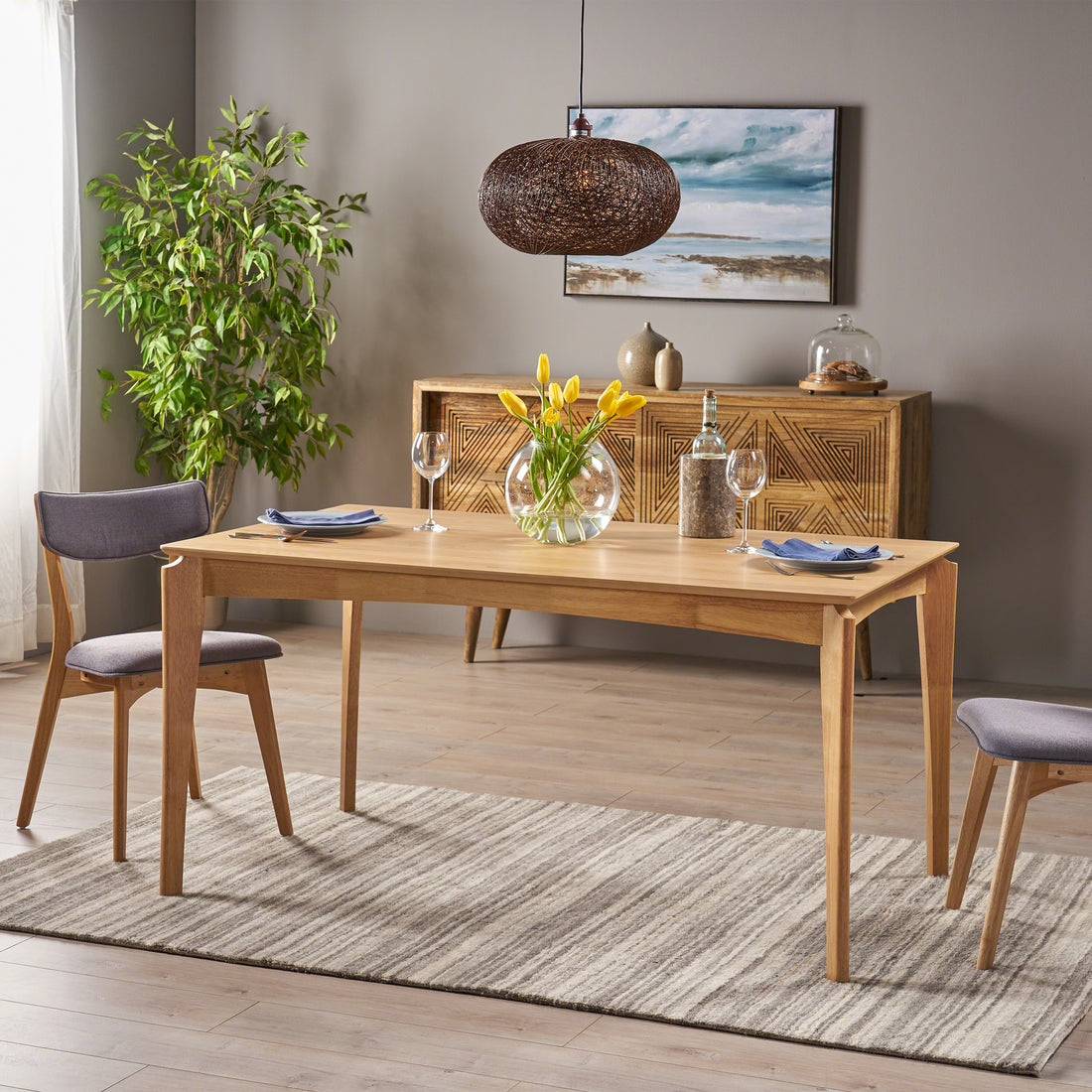 Dining Table, Rubberwood With Walnut Veneer, Mid Century, Natural Oak Finish Natural Wood