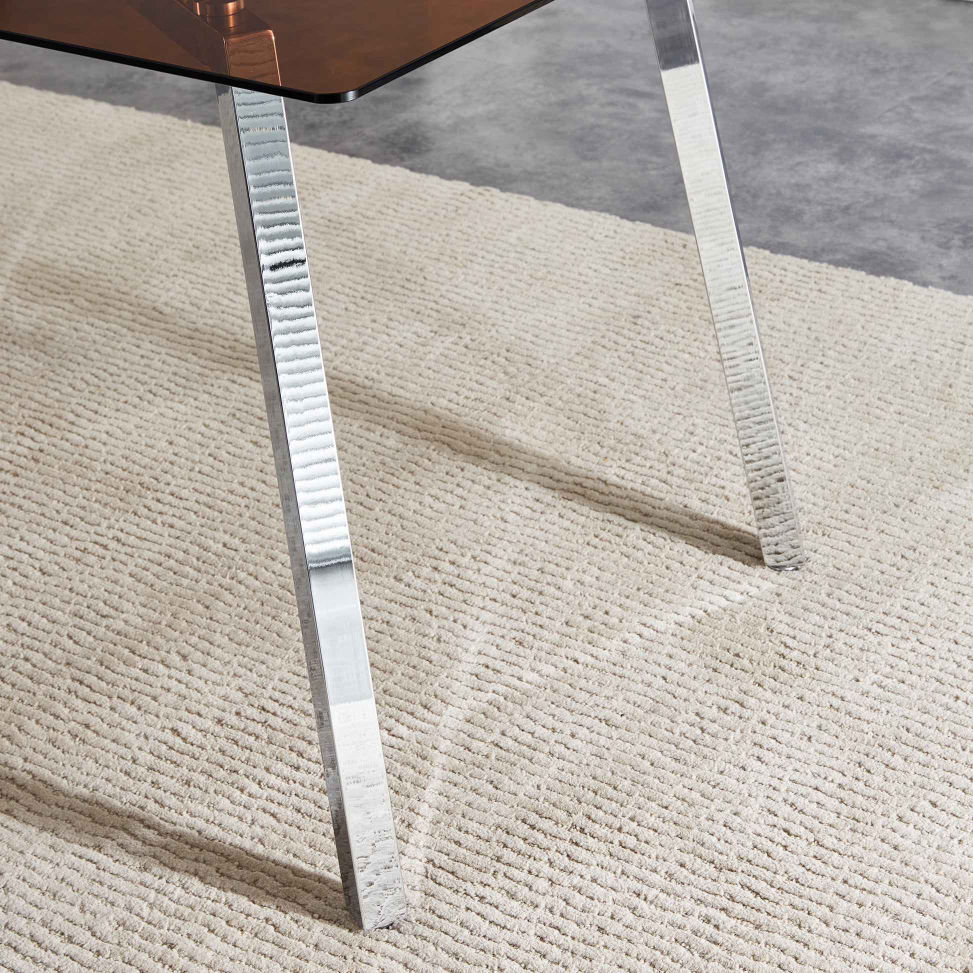 Table And Chair Set.Large Modern Rectangular Table With Brown Glass Top And Silver Metal Legs. Paired With 4 White Chairs With Checkered Armless High Back Pu Cushion And Silver Metal Legs. Silver,White Seats 4 Glass Metal