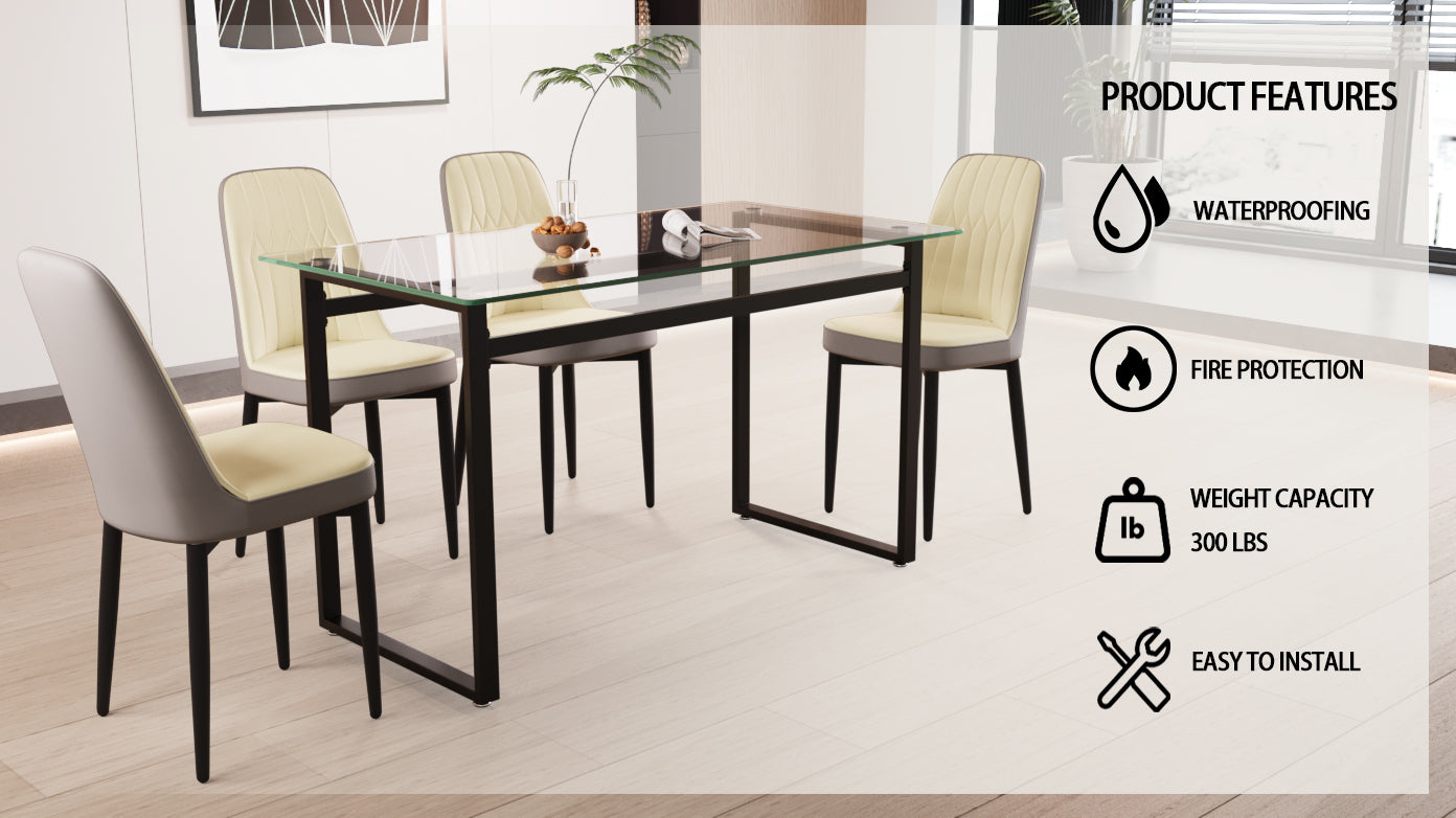 51" 4 Person Glass Dining Table Set, Kitchen Set With Black Metal Leg Dining Table And Chairs, Modern Rectangular Tempered Glass Tabletop And Dining Room Thick Cushioned Pu Dining Chairs Beige Black