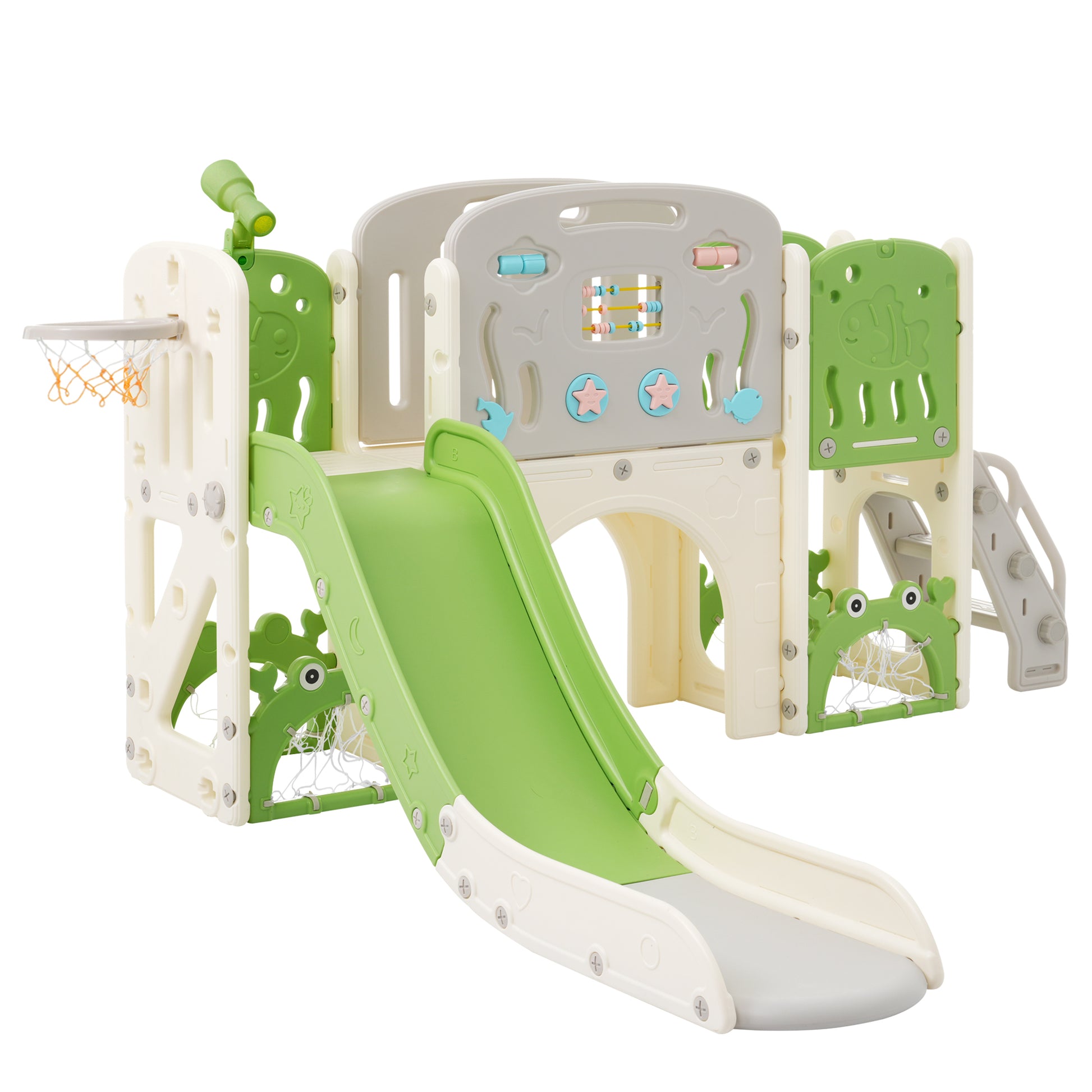11 In 1 Toddler Slide, Kids Slide For Toddler Age 1 3 With Basketball Hoop, Kids Slide Playset Structure,Arch Tunnel And Telescope, Toy Storage Organizer For Toddlers, Kids Climbers Playground Green Cute 1 To 2 Years Hdpe Indoor & Outdoor Use