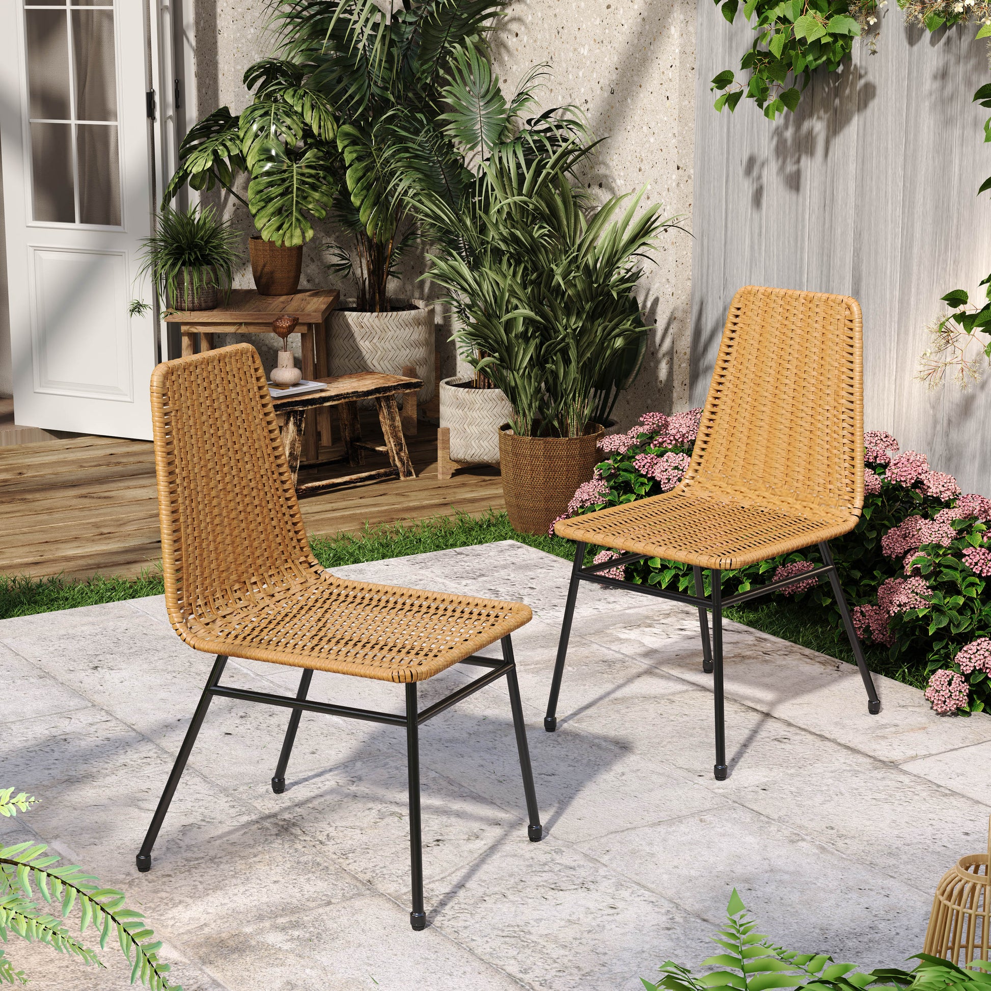 Dining Chair Set Of 2 Light Brown Pe Rattan Iron