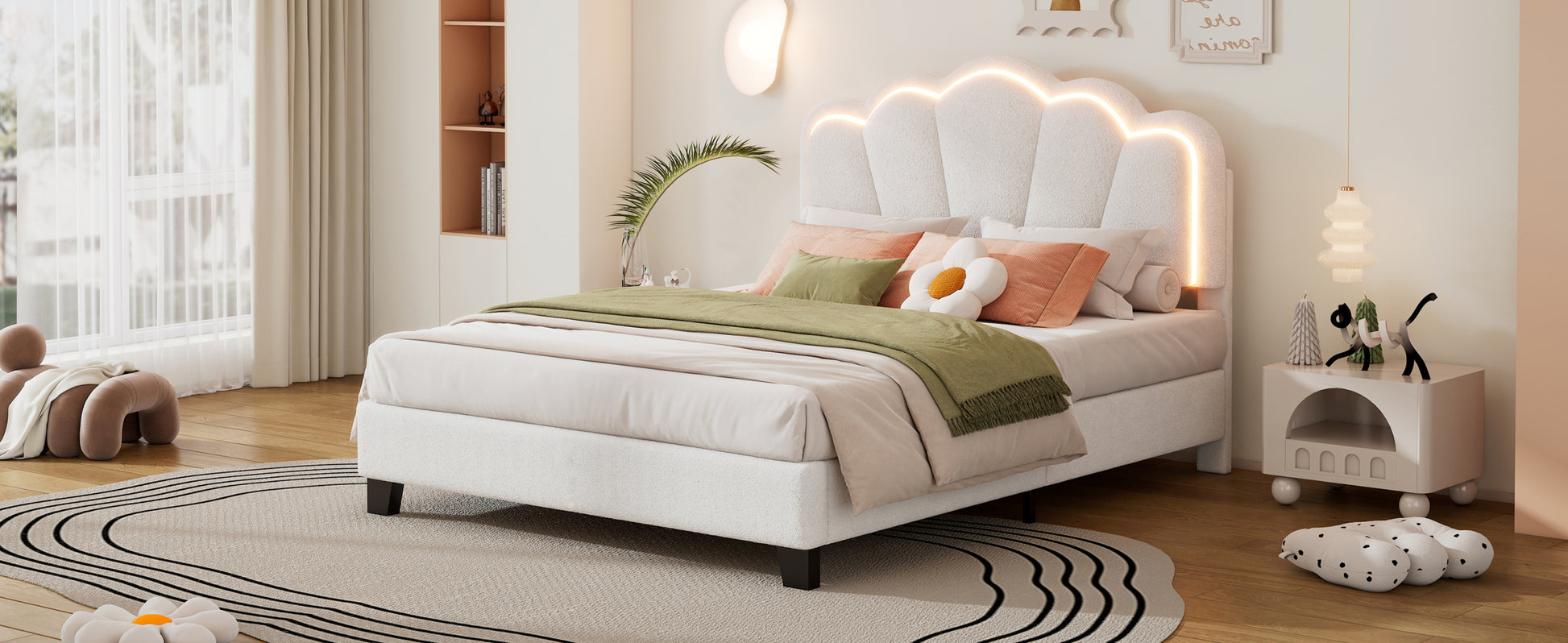 Full Size Upholstered Flower Shape Bed, Elegant Flowers Headboard With Led Light Strip, Sherpa Fabric Platform Bed With Wooden Slats Support, White Full White Wood