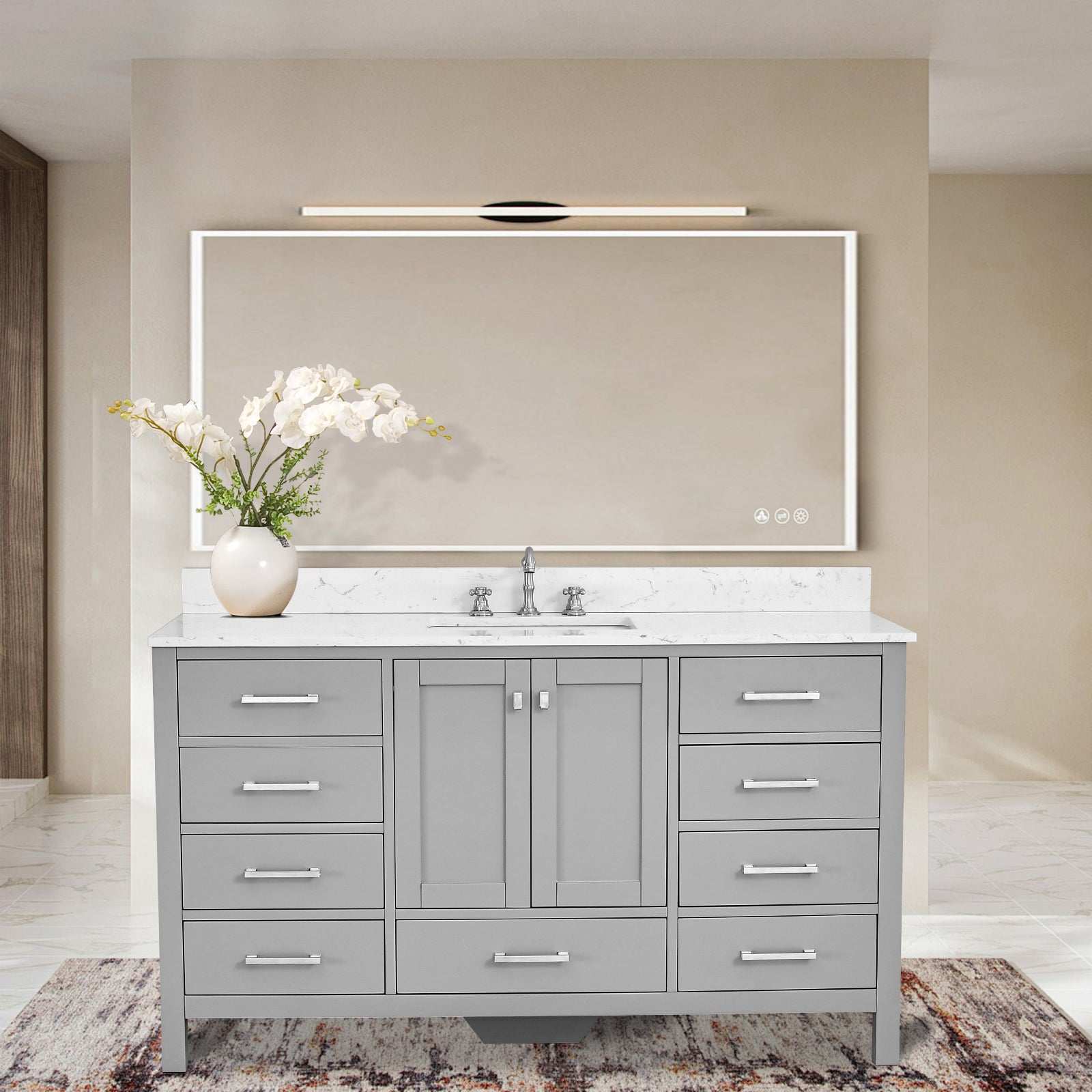 60"X 22" Bathroom Stone Vanity Top Engineered Color With Undermount Ceramic Sink And 3 Faucet Hole With Backsplash White Stone