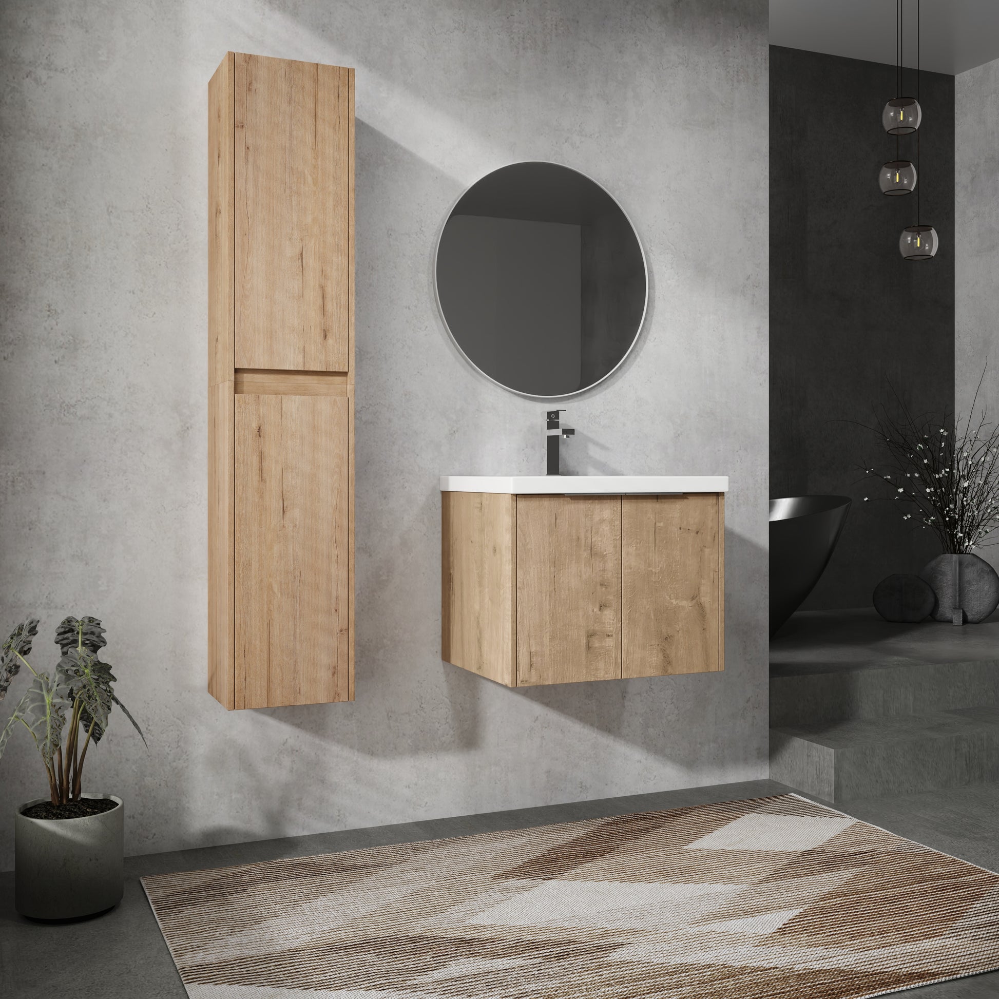 24" Wall Mounted Bathroom Vanity With Sink And Side Cabinet, Soft Close Doors,00112Imo X 2 00624Imo Combination Cabinet Kd Packing Imitative Oak Bathroom Modern Plywood Plywood