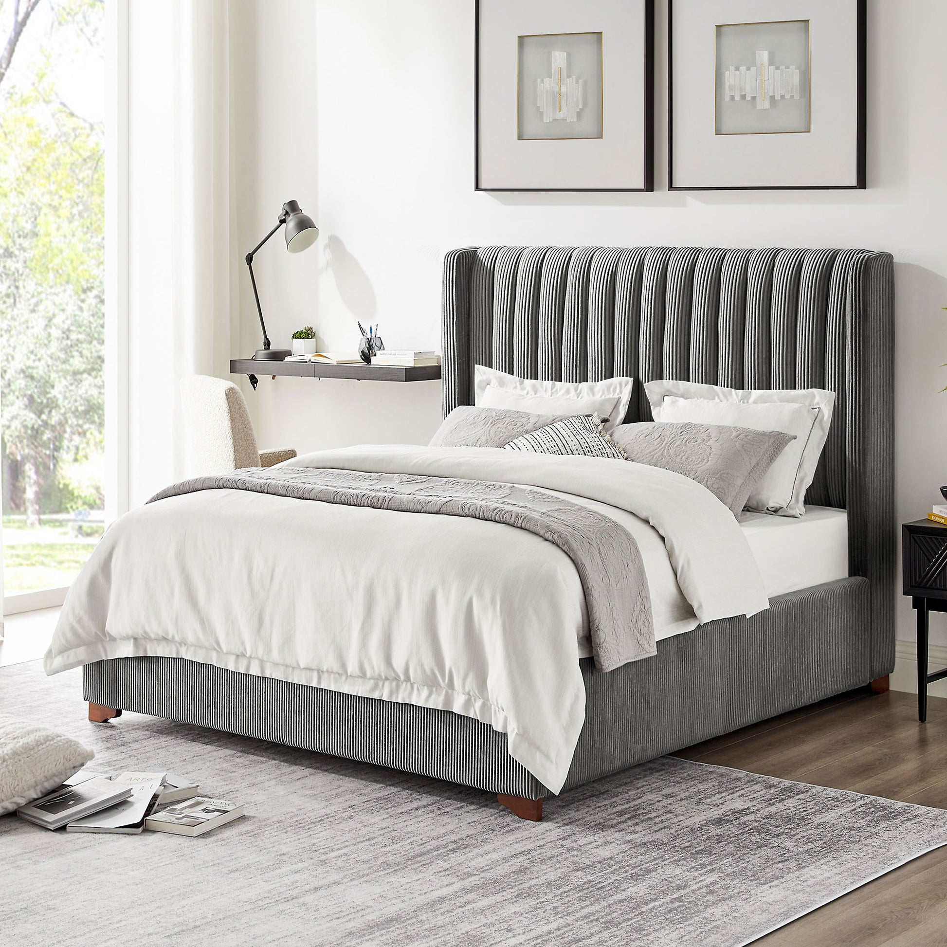 Full Size Modern Design Bed Frame Upholstered Queen Bed Frame Platform With Headboard Corduroy Headboard Wooden Slats Support, No Box Spring Needed,Mattress Foundation,Dark Grey Full Dark Grey