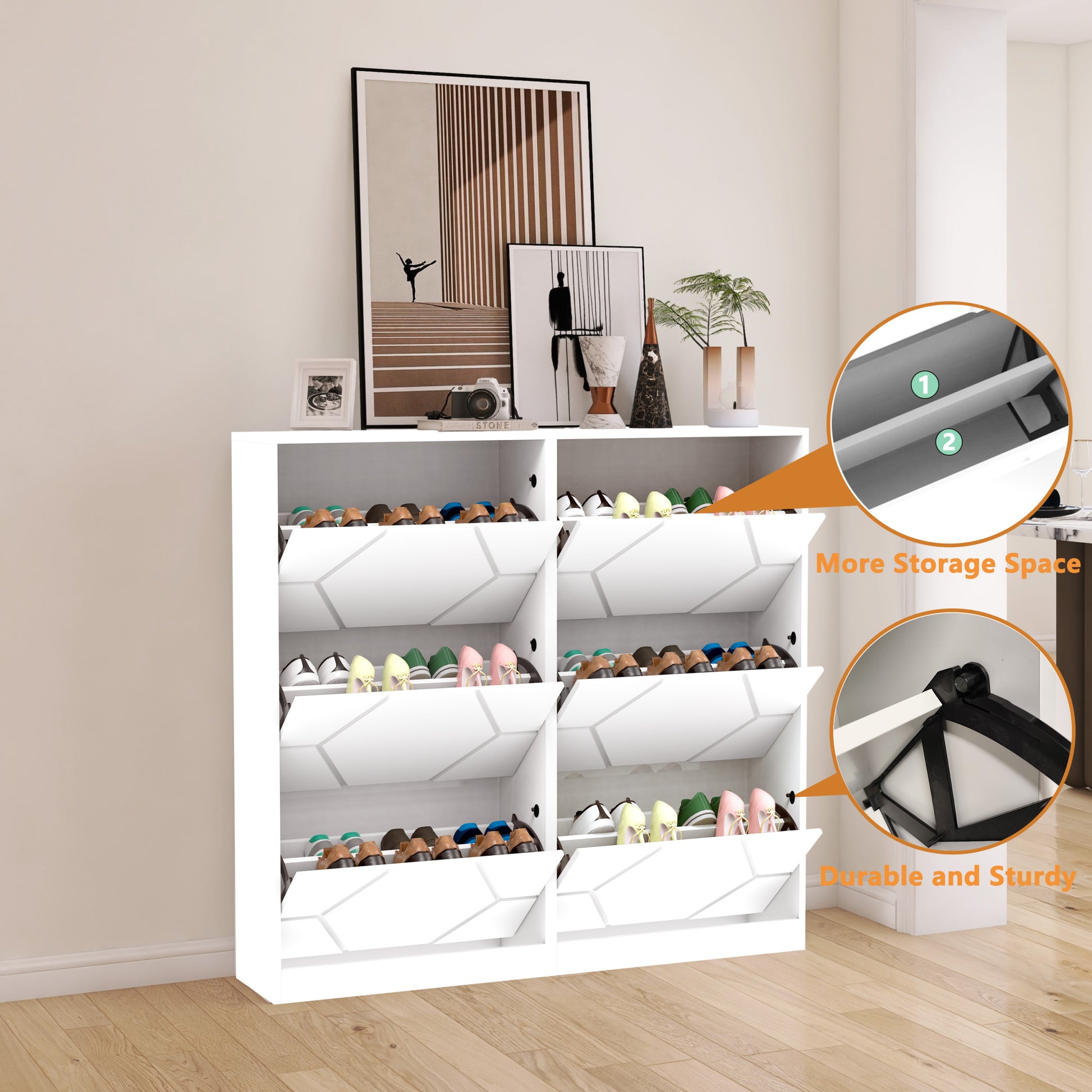 Shoe Storage Cabinet For Entryway, 6 Tiers Shoe Organizer With Carved Panels, Carving Shoe Closet,Vertical Shoe Cabinet For Front Door Entrance,Outdoor,Symmetric Design White Finish 5 Or More Drawers White White Modern Mdf