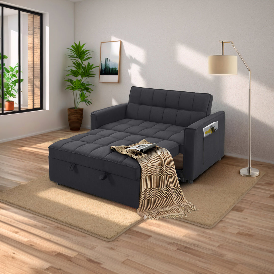 Stylish Black Pull Out Sofa Bed With Woven Polyester Fabric & Solid Wood Frame Black Polyester 2 Seat