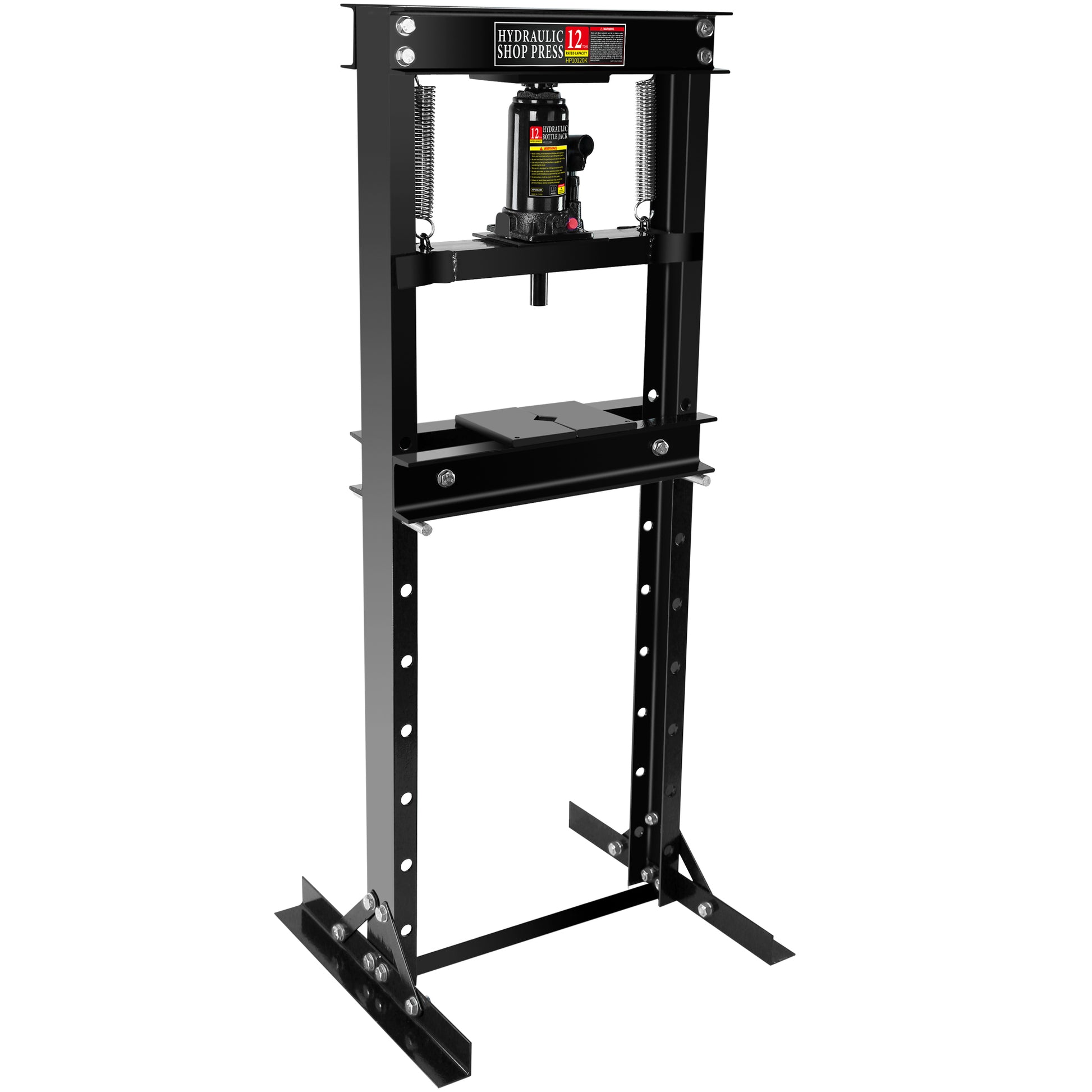 Hydraulic 12 Ton H Frame Garage Floor Adjustable Shop Press With Plates, 12T, Black Black Steel