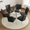 Table And Chair Set.A Modern Minimalist Round Dining Table With Transparent Tempered Glass Top And Silver Metal Legs,Paried With 6 Chairs With Pu Backrest And Seat Cushion And Silver Metal Legs. Black,Transparent Seats 6 Glass Metal