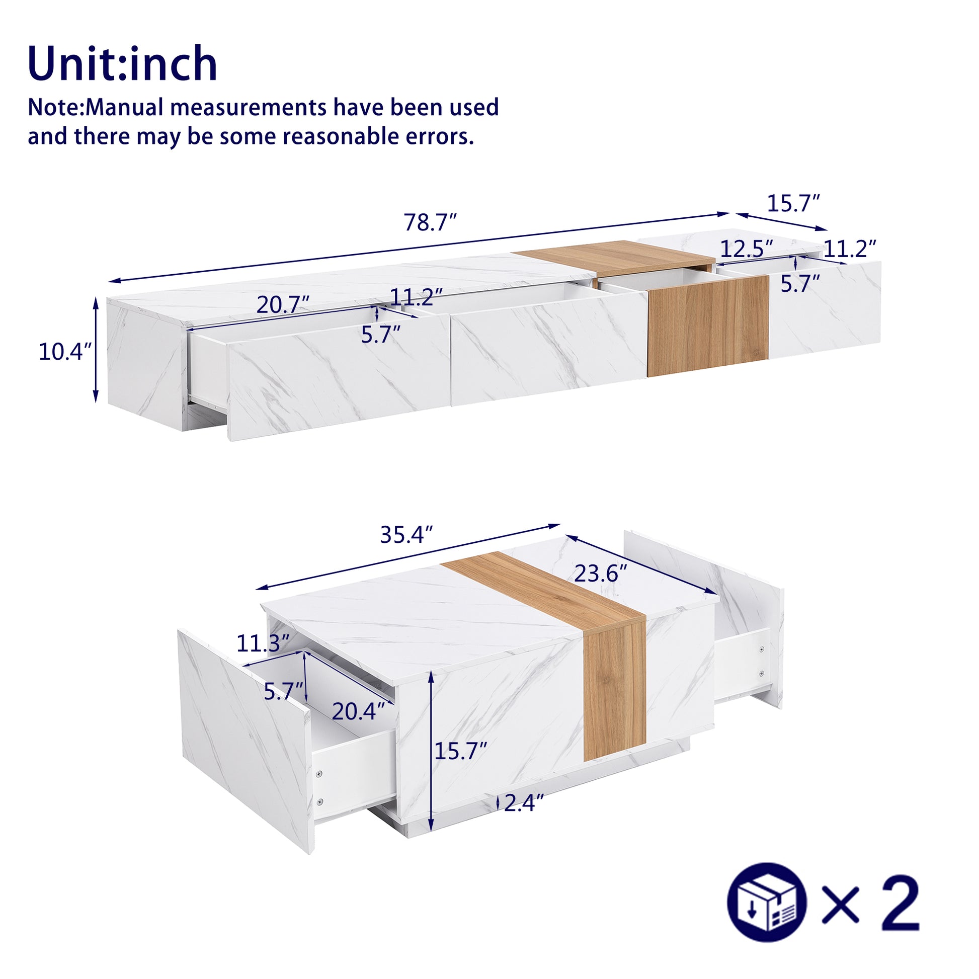 Tv Stand And Coffee Table With Faux Marble, Walnut Wood Grain Finish, Set Of 2, Modern Entertainment Center For Tvs Up To 88'', Center Table With 2 Storage Drawers For Living Room, White White 80 89 Inches Particle Board