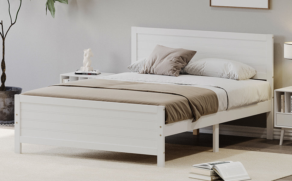 Wood Platform Bed Frame With Headboard, Mattress Foundation With Wood Slat Support, No Box Spring Needed, Queen Size, White Box Spring Not Required Queen White Wood Solid Wood Mdf