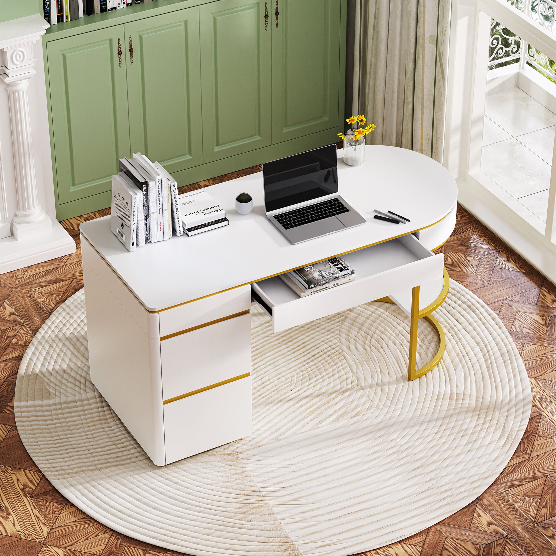 60''Modern Executive Desk,White Curved Computer Desk With Gold Metal Legs,3 Drawers Home Office Desk,Writing Desk With 1 Storage Cabinet For Home Office,Living Room,Gold White Gold White Mdf