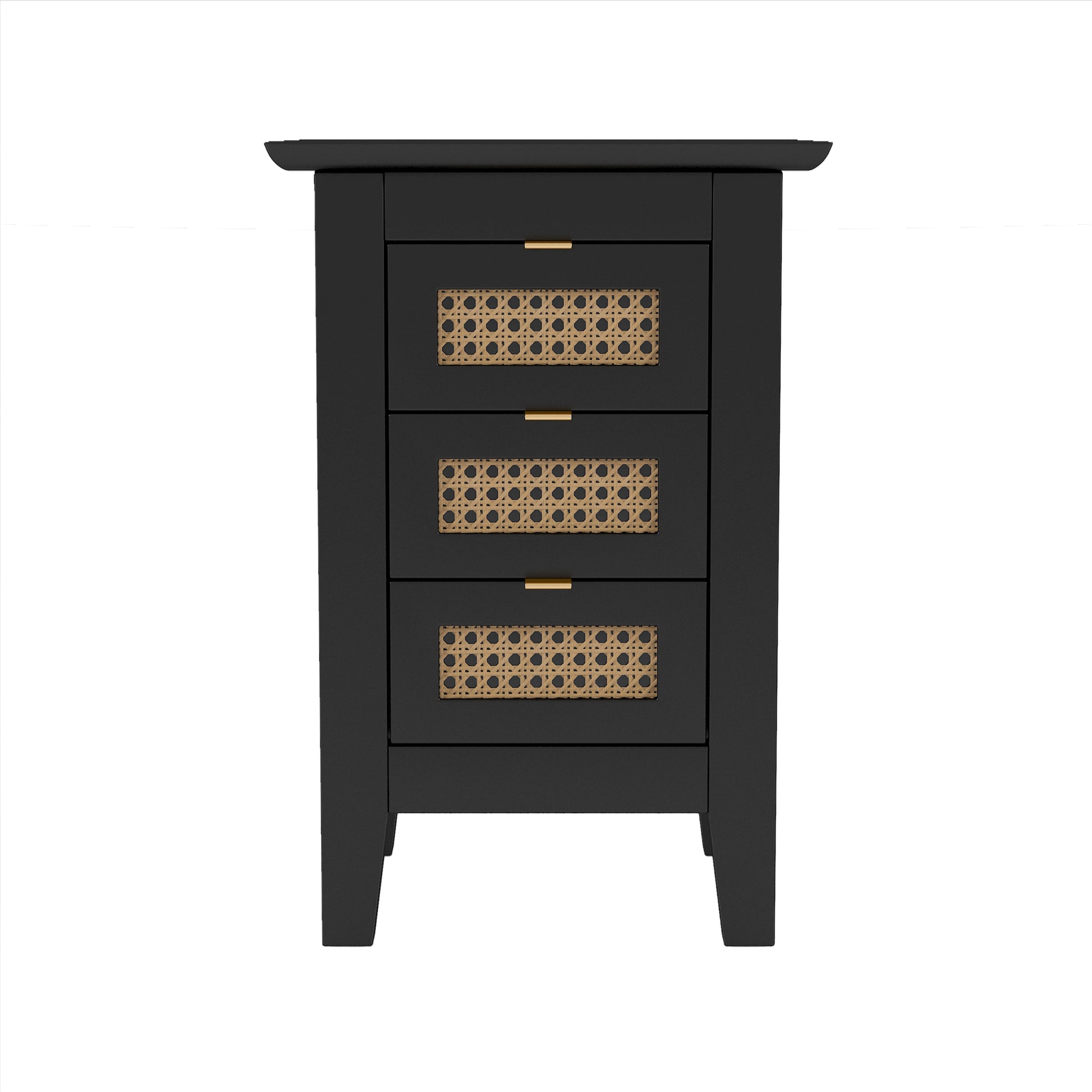 3 Pieces Bedroom Sets Queen Size Wooden Platform Bed With Natural Rattan Headboard, Nightstands Set Of 2 With Rattan Woven Surfaces And Three Drawers For Bedroom, Black Black Particle Board