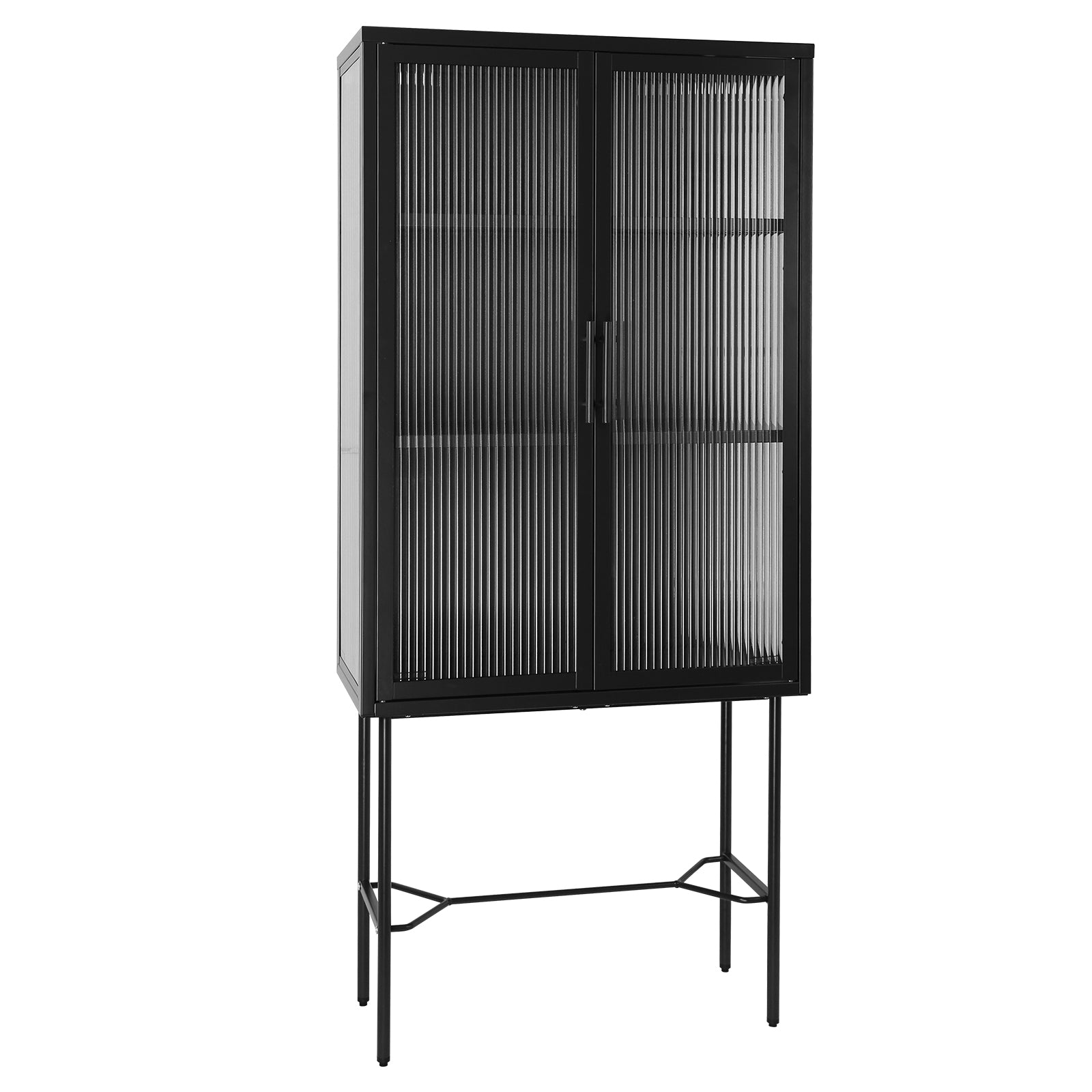 Elegant Floor Cabinet With 2 Tampered Glass Doors Living Room Display Cabinet With Adjustable Shelves Anti Tip Dust Free Easy Assembly Black Color Black Steel