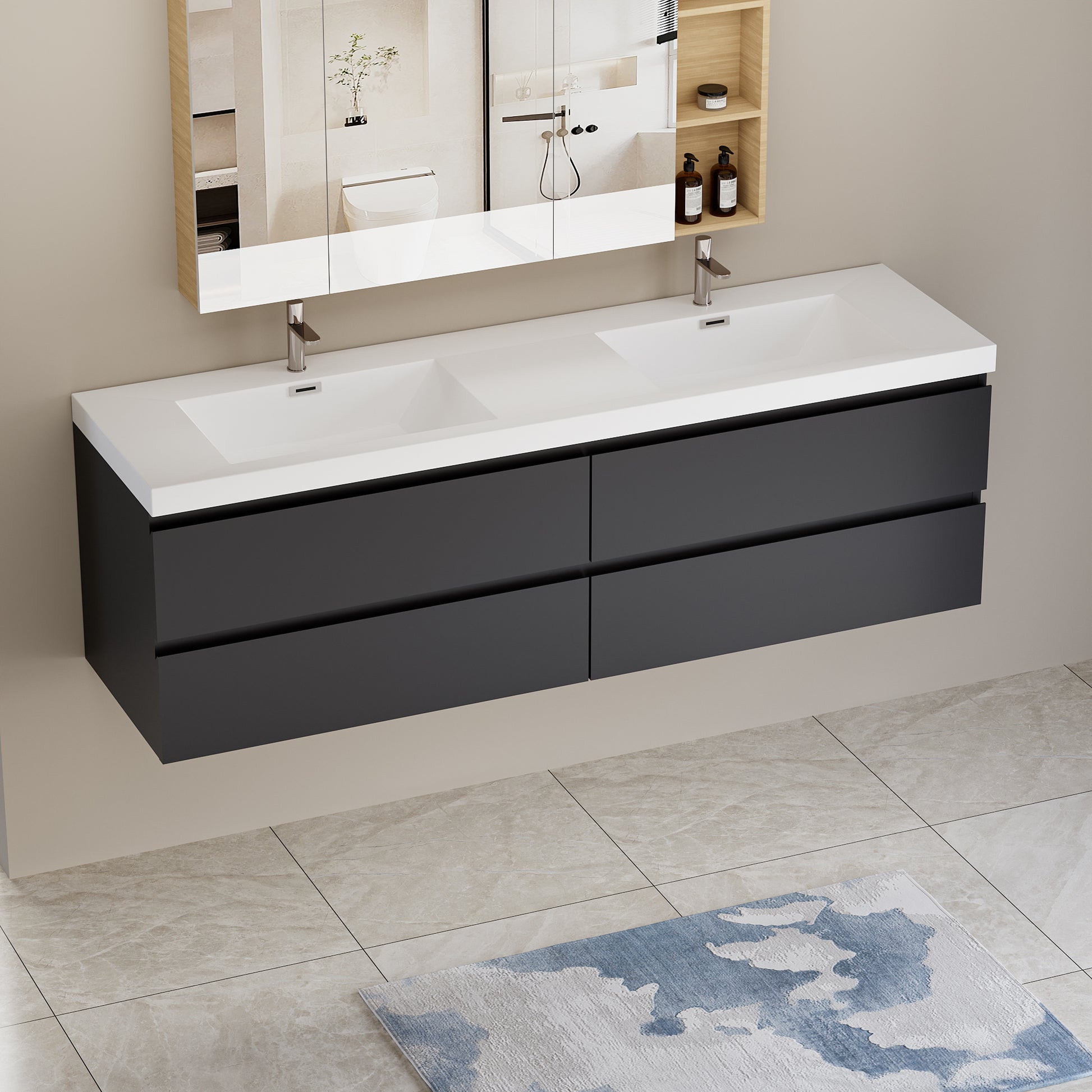 72" Floating Bathroom Vanity with Sink, Modern Wall 4+-black-bathroom-wall mounted-mdf