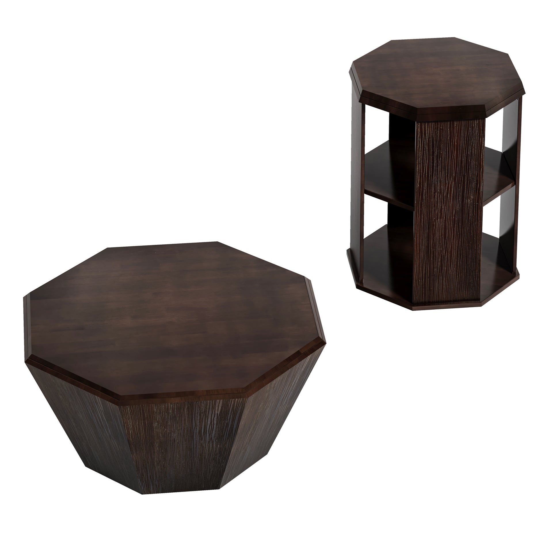 31.5 "Octagonal Black Walnut Rubber Wood Set Of Two Coffee Table, Coffee Table, Living Room Bedroom Set Of Two Pieces Walnut Rubber Wood