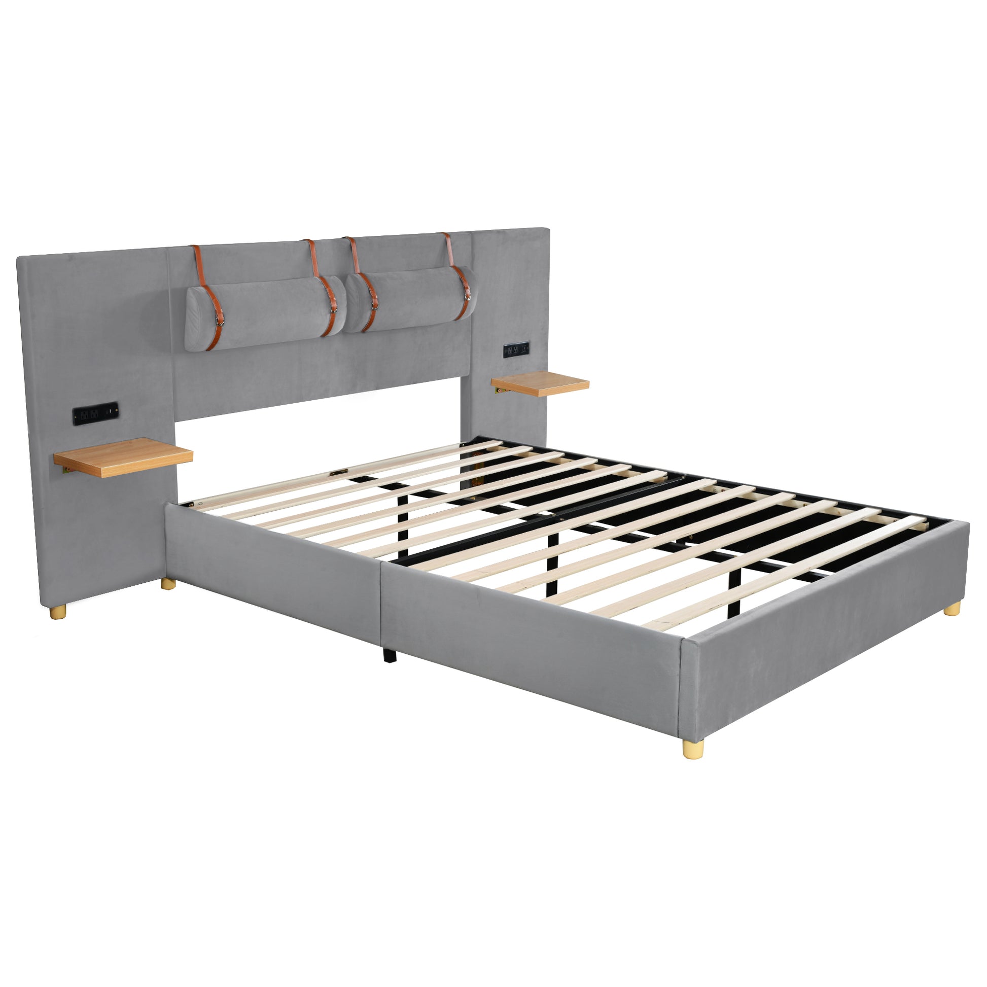 Queen Upholstered Platform Bed, Two Outlets And Usb Charging Ports On Both Sides, Two Bedside Pillows, Storage Shelves, Velvet,Gray Queen Gray Mdf Lvl