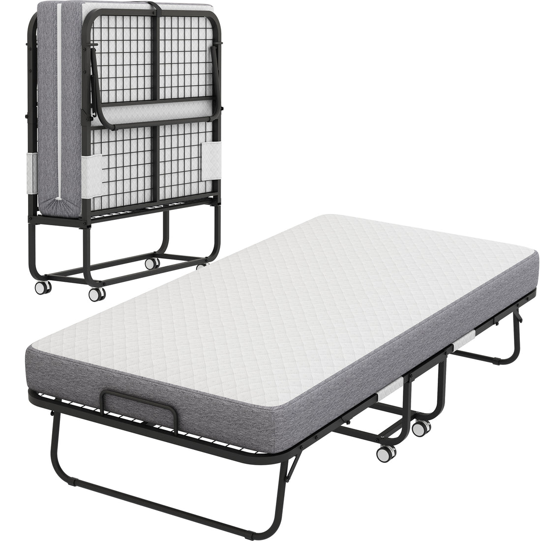 Folding Bed With Mattress 75" X 31" Rollaway Guest Bed Portable Foldable Bed For Adults With 5" Memory Foam Mattress Space Saving Sturdy Metal Frame Twin Black Iron Modern Polyester Iron