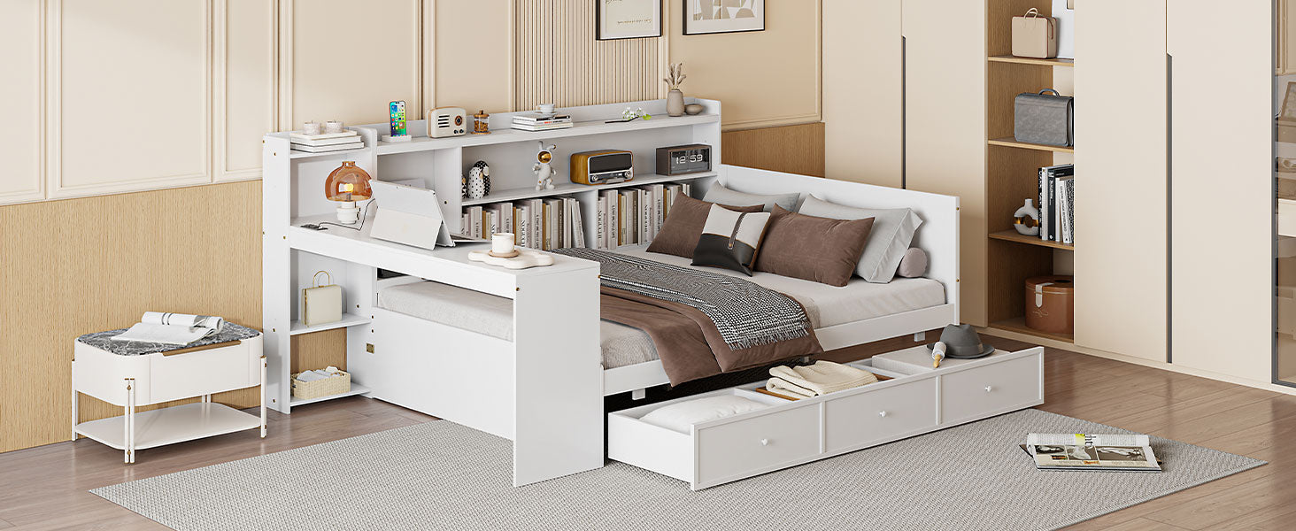 Full Size Wooden Daybed With 3 Drawers, Usb Ports And Desk ,White Full White Wood