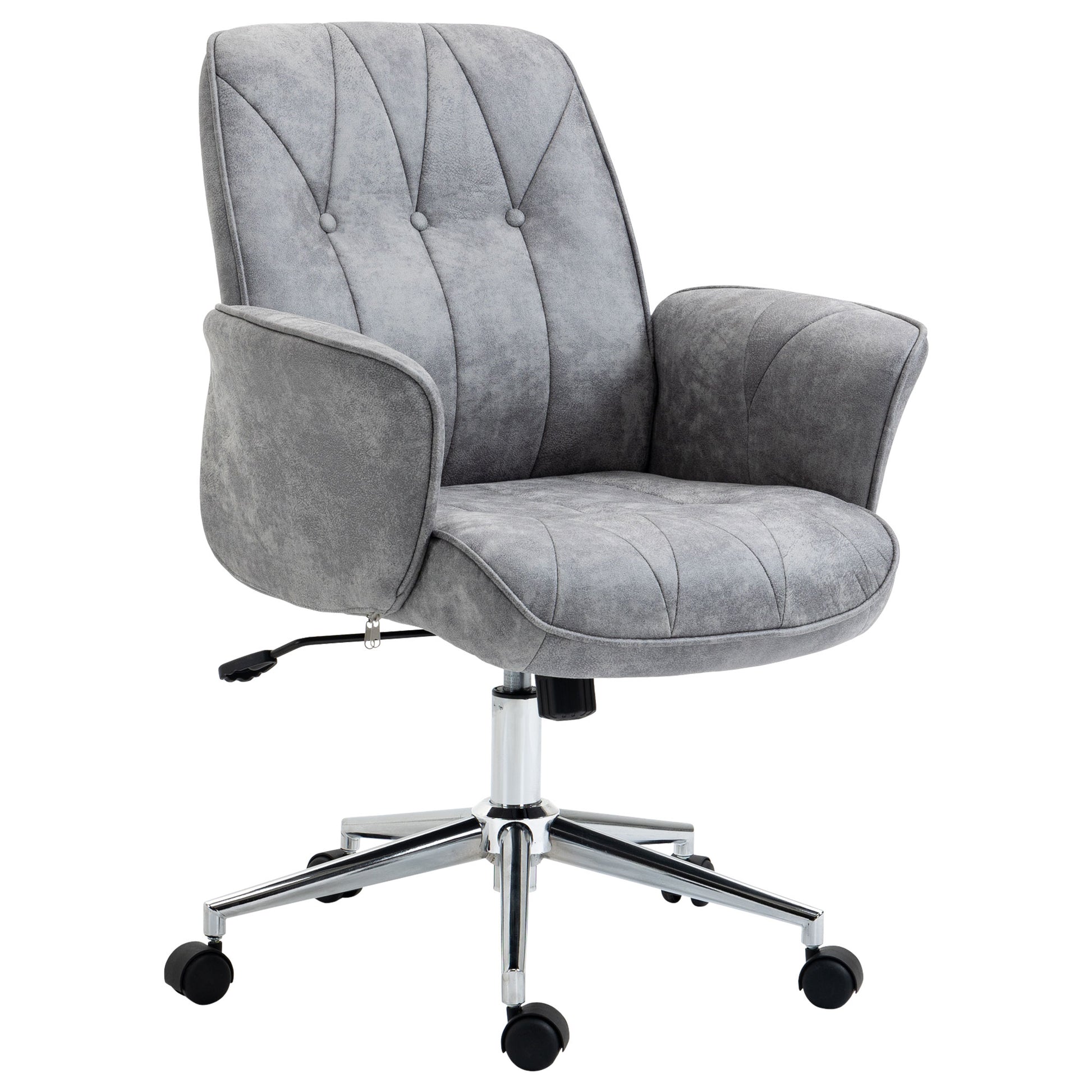 Vinsetto Microfiber Home Office Chair, Height Adjustable Button Tufted Computer Desk Chair With Swivel Wheels, Tilt Function And Padded Armrests, Light Gray Light Grey Steel