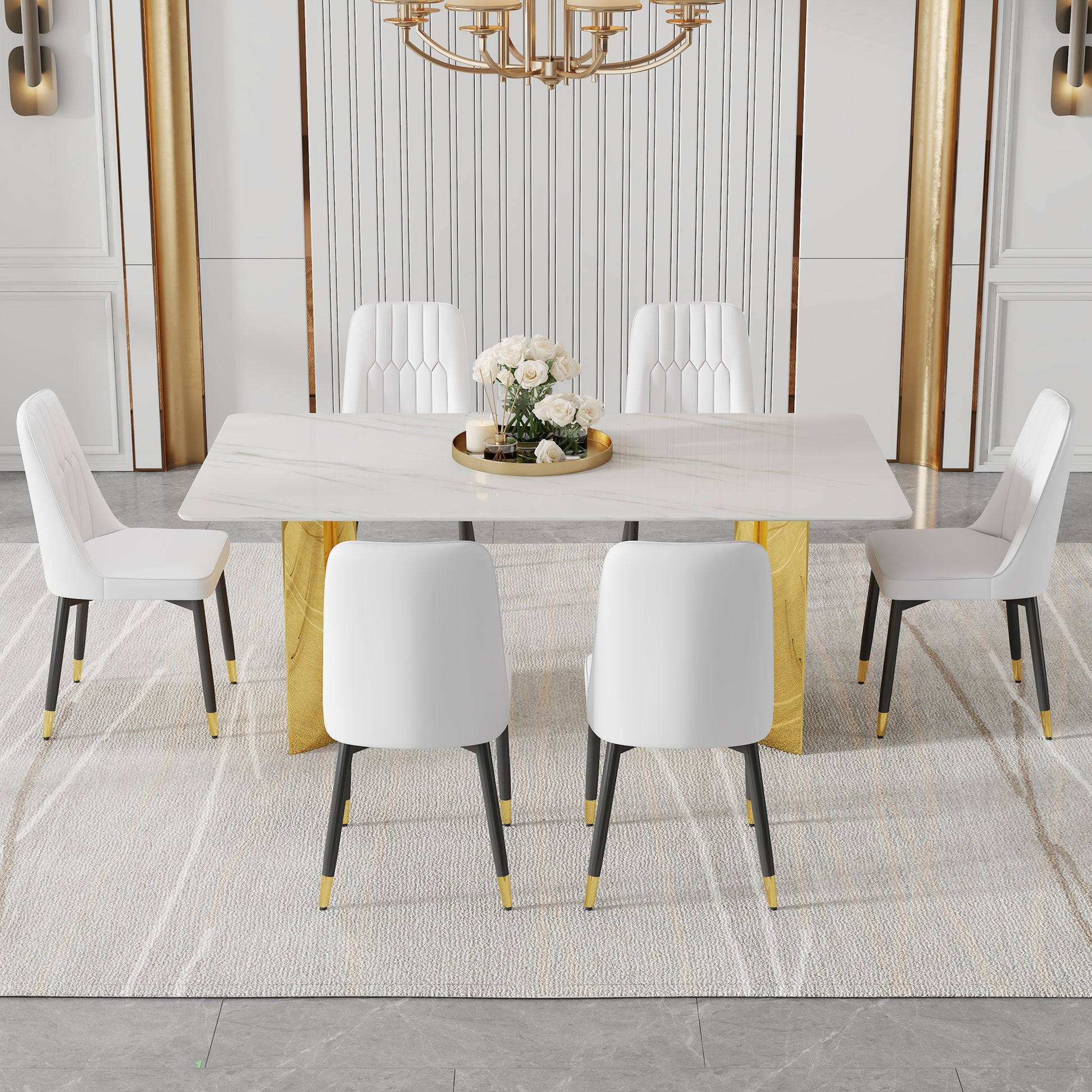 Table And Chair Set.The Table Has A Glass Top With Imitation Marble Pattern Stickers And Stainless Steel Golden Legs. Paried With Chairs With Pu Artificial Leather Backrest Cushions And Black Legs. White Gold Seats 6 Glass Metal
