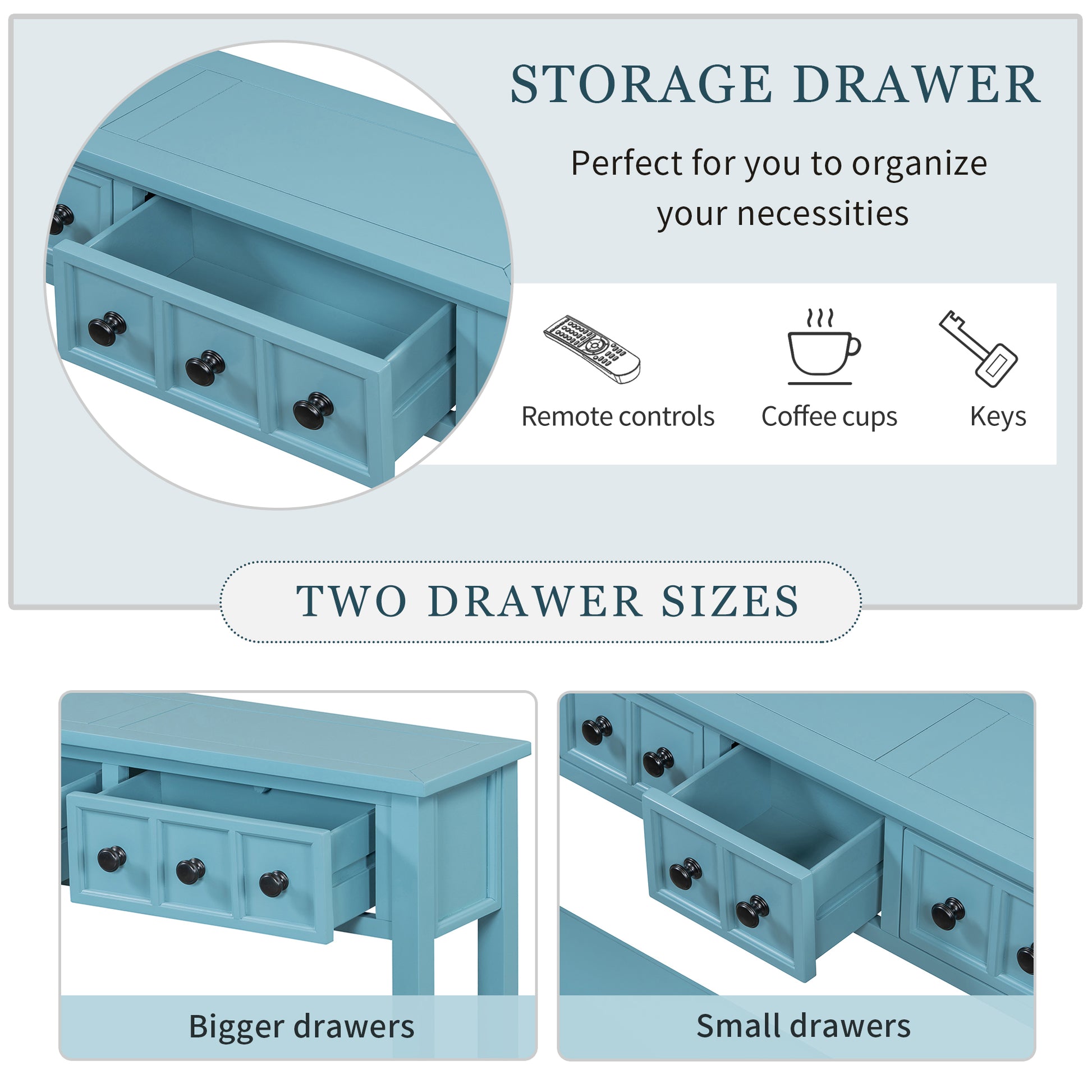 Rustic Entryway Console Table, 60" Long Sofa Table With Two Different Size Drawers And Bottom Shelf For Storage Turquoise Green Turquoise Green Solid Wood