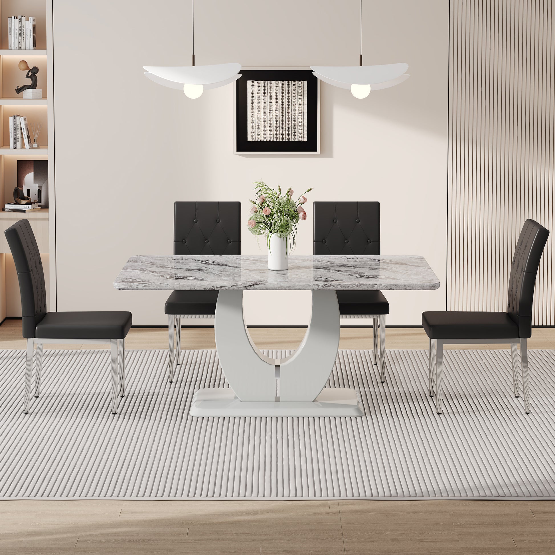 Table And Chair Set, Modern Minimalist Marble Textured Rectangular Dining Table. Suitable For Restaurants And Living Rooms. Soft Cushion Seats.F 1280 Gray Mdf