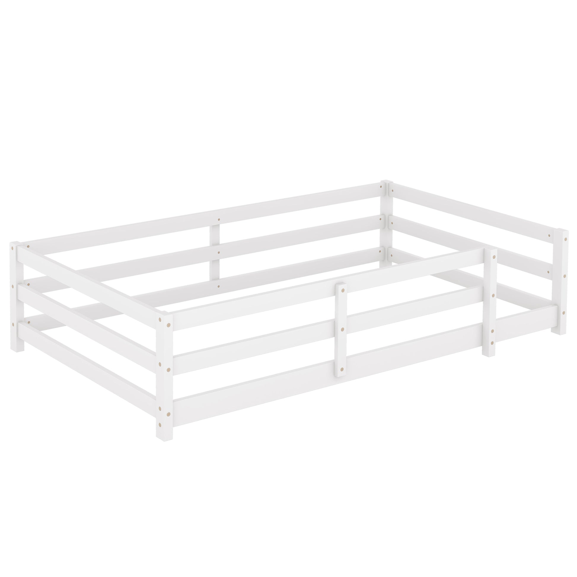 Twin Size Floor Bed, Montessori Floor Bed With Fence, Kids Montessori Bed Twin Size, Wood Montessori Floor Bed For Kids, Girls, Boys White White Wood Metal