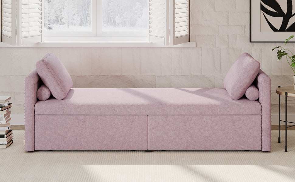 Modern Upholstered Chaise Lounger Daybed Small Single Daybed With 2 Drawers, No Mattress Needed, Perfect For Living Rooms & Home Office, Linen Fabric, Pink Pink Linen
