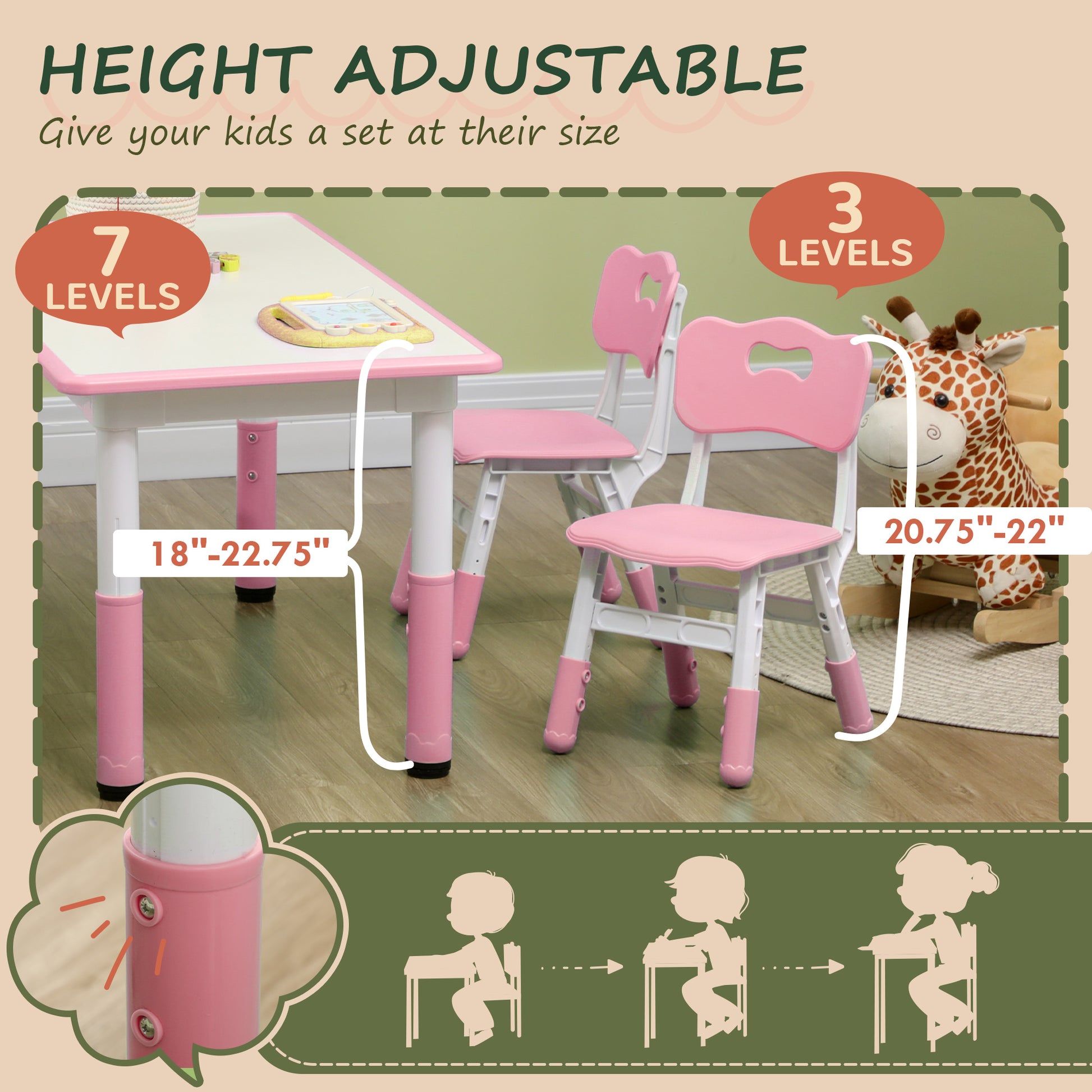 Qaba Kids Table And Chair Set, 5 Piece Toddler Table And Chair Set With 4 Chairs Adjustable Height, For Snack Time, Homeschooling Aged 1.5 5 Years Old, Pink Pink Plastic