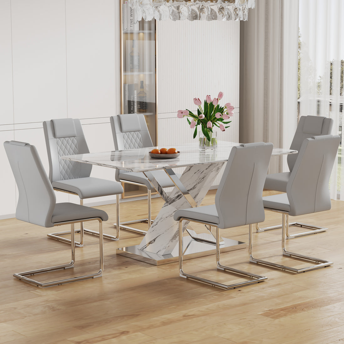 Table And Chair Set, Modern Dining Table, Imitation Marble White Top And Silver Legs, Soft And Comfortable Dining Chair, Perfect For Dinner, Meetings, Home And Office Decor Grey Silver Glass Metal