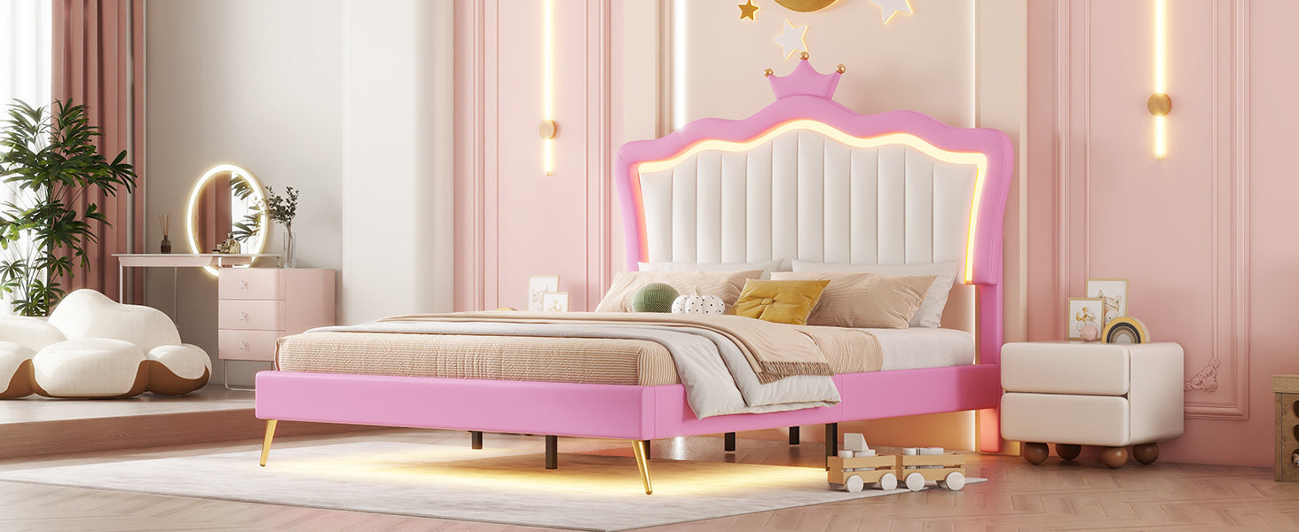 Full Size Upholstered Bed Frame With Led Lights, Modern Upholstered Princess Bed With Crown Headboard, Pink White Box Spring Not Required Full Pink White Wood Bedroom Modern Bed Frame Pu