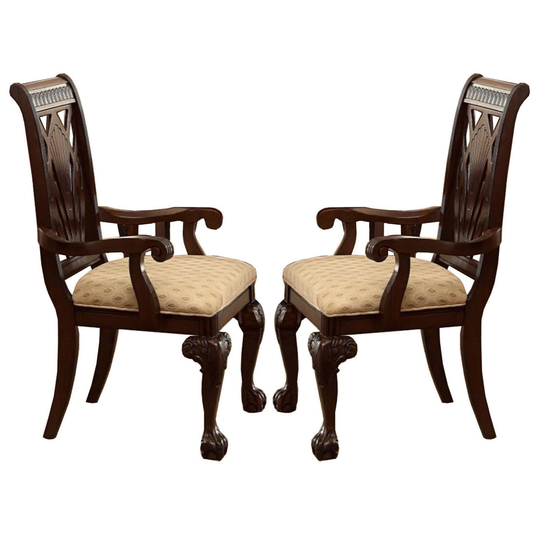 Traditional Style Wooden Fabric Dinning Arm Chairset Of 2 Brown Beige Wood Fabric