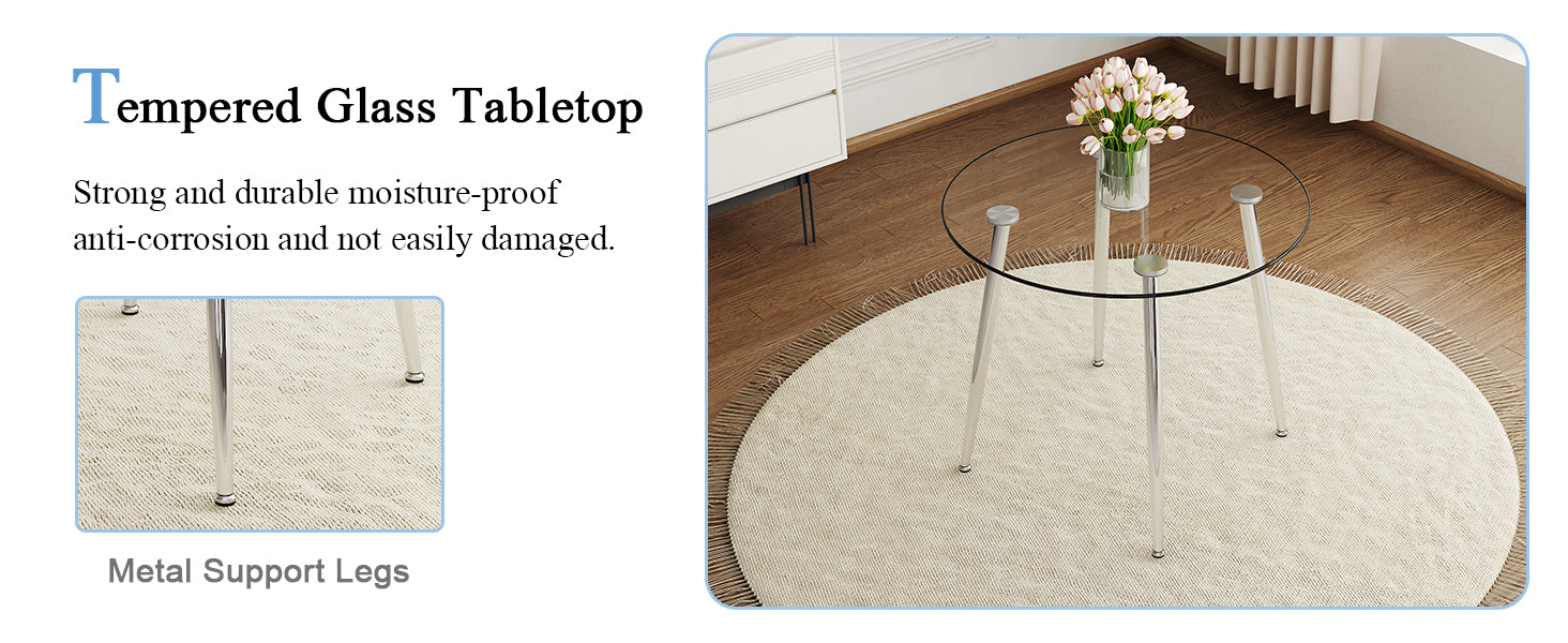 Round Dining Table With Glass Top, Silver Metal Legs, Exquisite Life, Starting From The Details, The Silver Legs Show An Extraordinary Texture, Which Is The Finishing Touch To Your Home Transparent Glass Metal