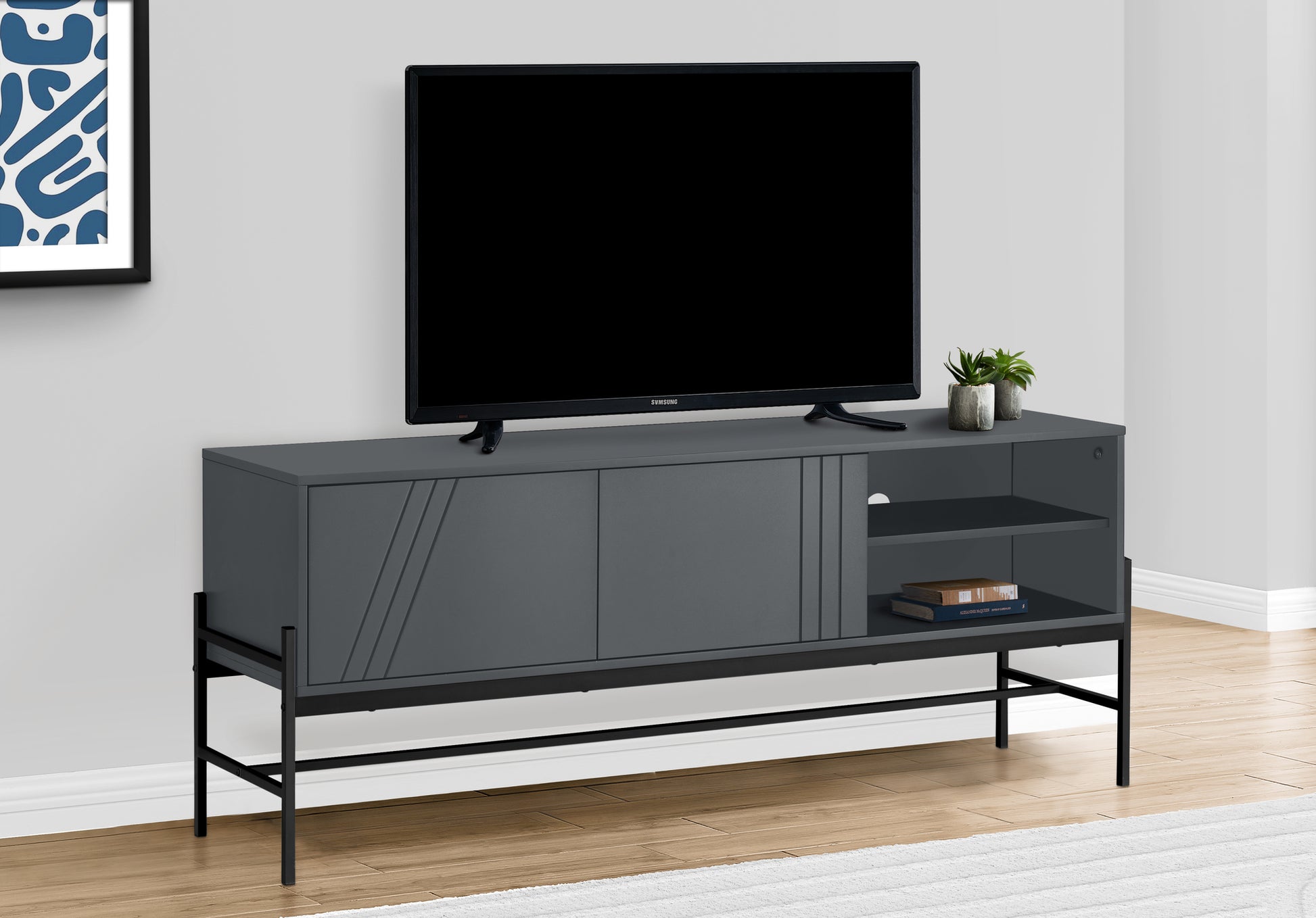 Tv Stand, 60 Inch, Console, Media Entertainment Center, Storage Cabinet, Living Room, Bedroom, Grey Laminate, Black Metal, Contemporary, Modern Grey 80 89 Inches Particle Board