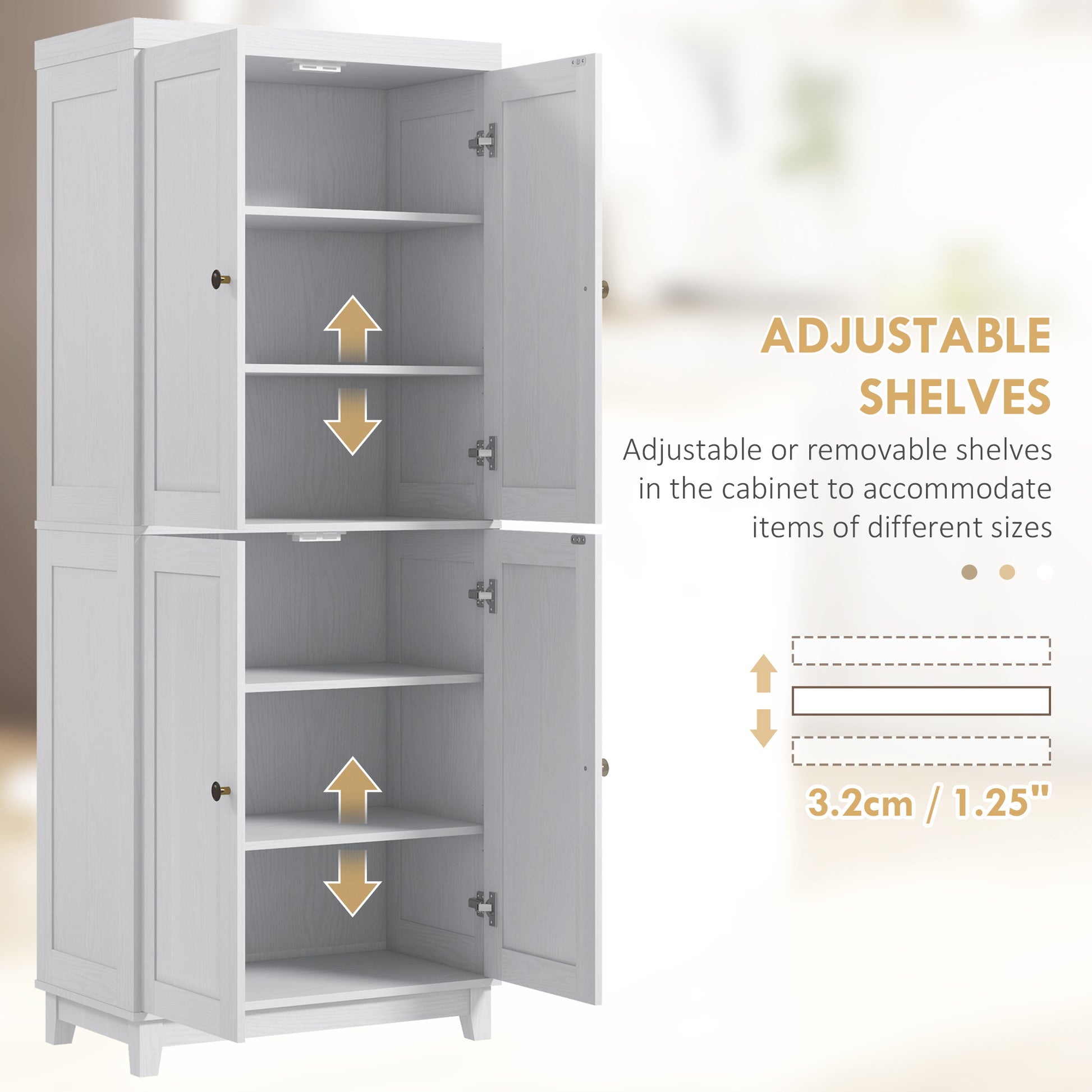 Homcom 72.5" Tall Kitchen Pantry Storage Cabinet, Freestanding Kitchen Cupboard With 4 Soft Close Doors And Adjustable Shelves For Dining Room, Distressed White White Mdf