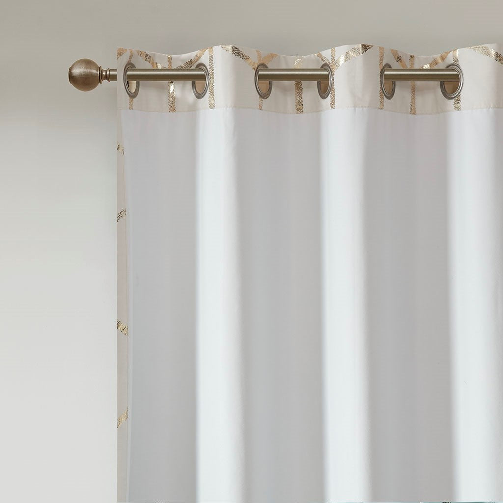 Total Blackout Metallic Print Grommet Top Curtain Panel Only 1 Pc Panel Ivory Gold Microfiber