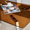 Table And Chair Set.Large Modern Rectangular Table With Brown Glass Top And Silver Metal Legs. Paired With 4 Black Chairs With Checkered Armless High Back Pu Cushion And Silver Metal Legs. Black,Silver Seats 4 Glass Metal
