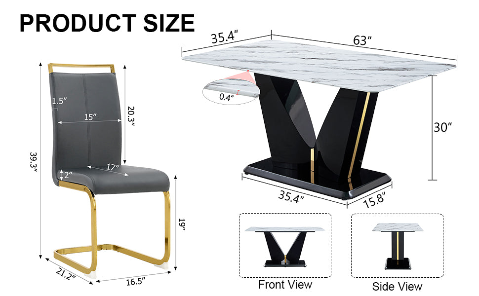 Table And Chair Set, White Imitation Marble Texture Glass Tabletop, Black Mdf Table Legs, Stable And Beautiful. Modern Simple Dining Table, Comfortable Seating. Black Grey Seats 6 Mdf Glass