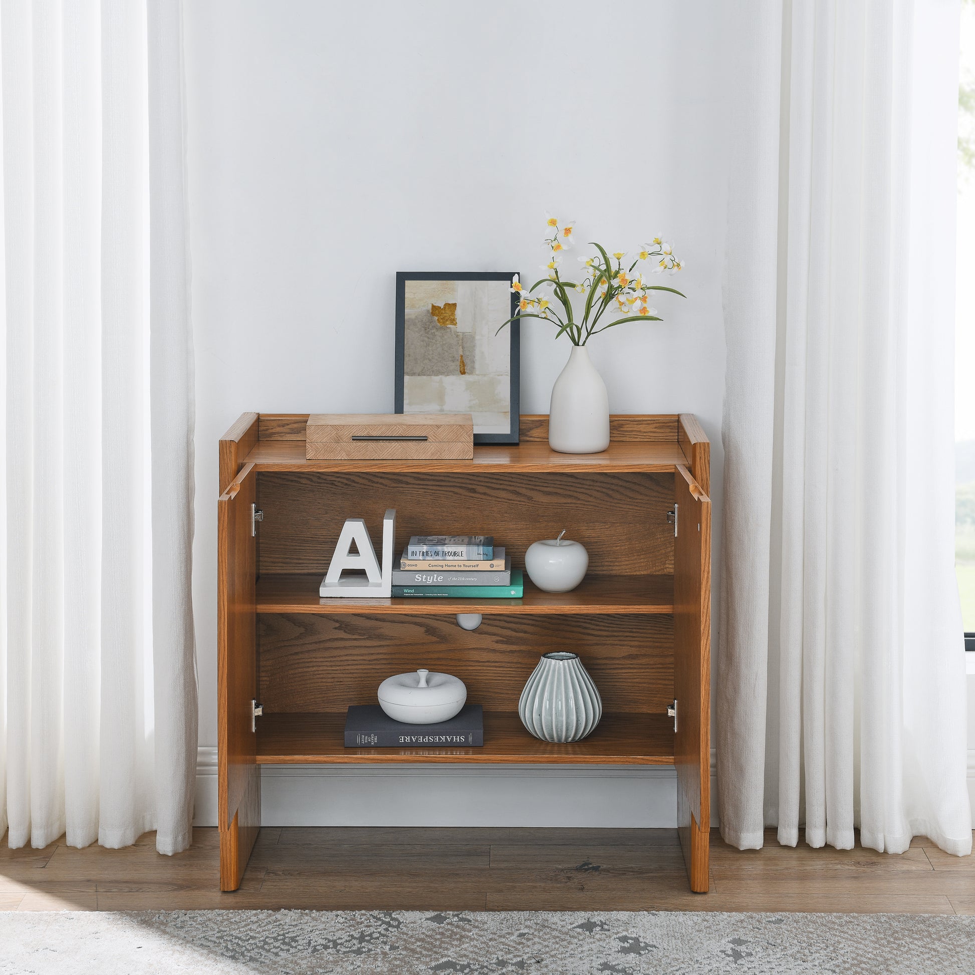 Walnut Colored Sideboard, Buffet Cabinet With Storage, Rustic Storage Cabinet For Entryway, Hallway, Living Room, Kitchen, Dining Room, Bedroom, 33.9" 15" 31.5" Walnut Mdf