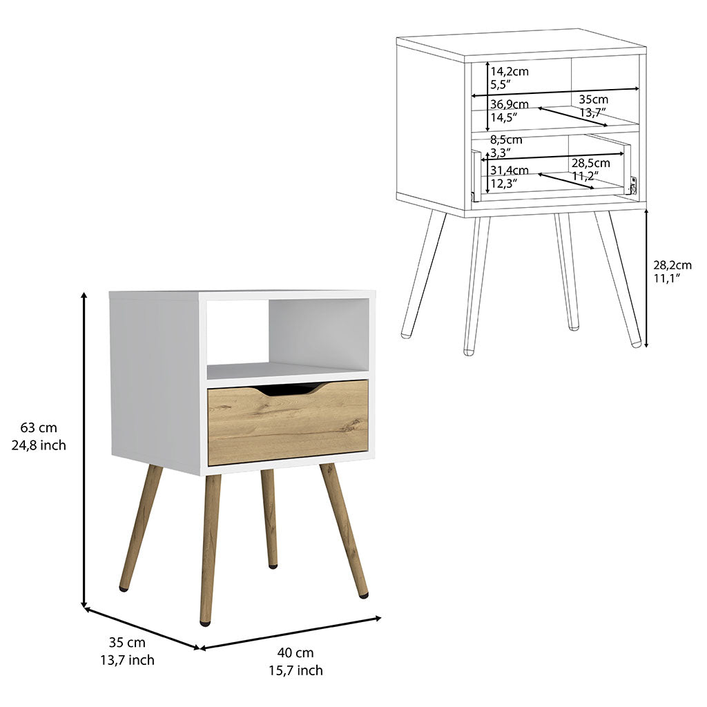 Nightstand 25"H, Superior Top, Four Legs, One Open Shelf, One Drawer, Smokey Oak White Smoke Grey,White Particle Board Particle Board