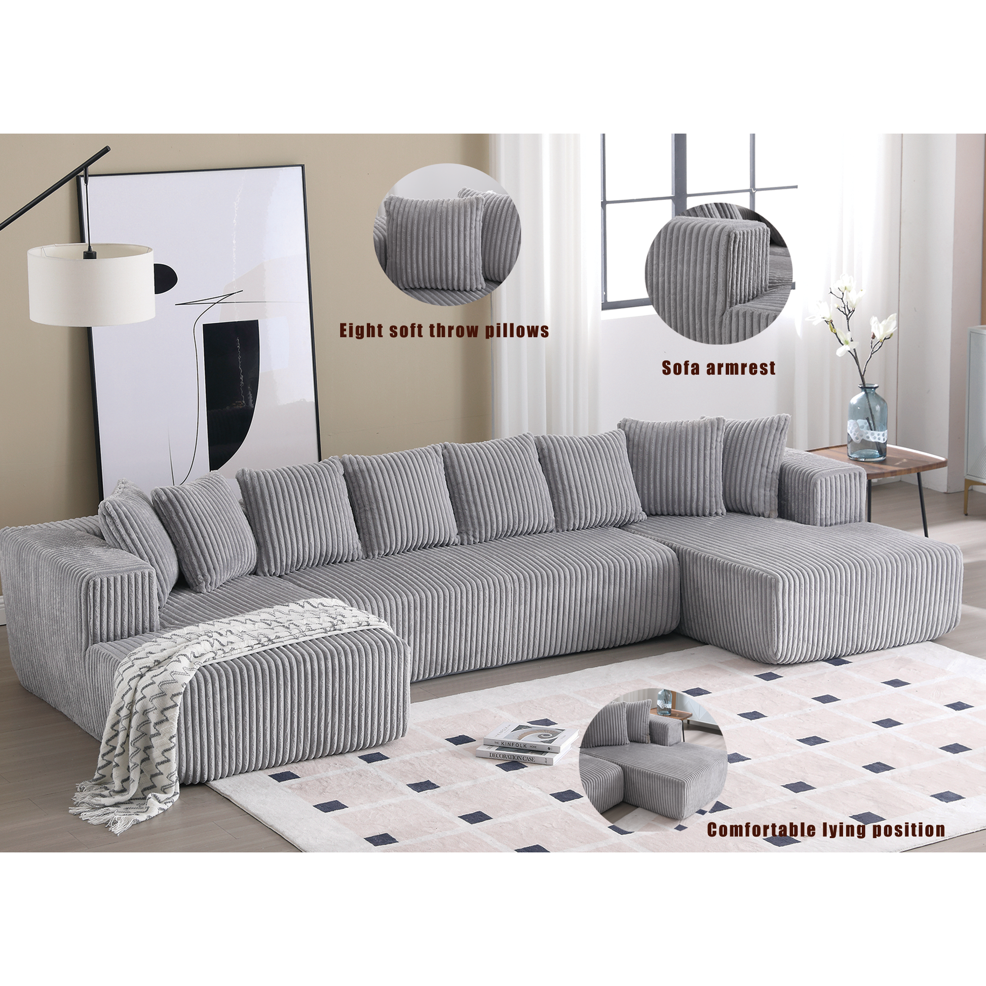 Arrived 131'' Modular Sectional Couch, U Shaped Sofachaise Lounge, Striped Fabric,Upholstered 4 Seater Couch For Living Room, Bedroom, Free Combination Sofa Corduroy , Gray Gray Polyester Primary Living Space Soft Modern Square Arms Foam Upholstered 4