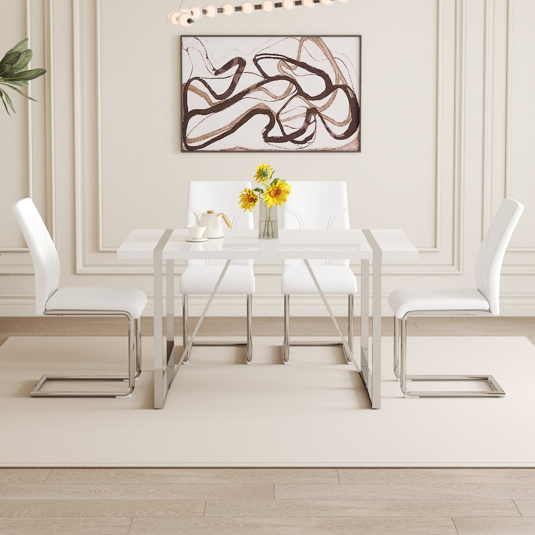 Table And Chair Set.55"X31.5" Mdf Painting Dining Table Set With 4 Pu Chairs.Showcasing A Modern And Stylish Look.Suitable For Dining Room.Mdf Painting,Iron Pipe Plating,Pu Chiairs,White. White