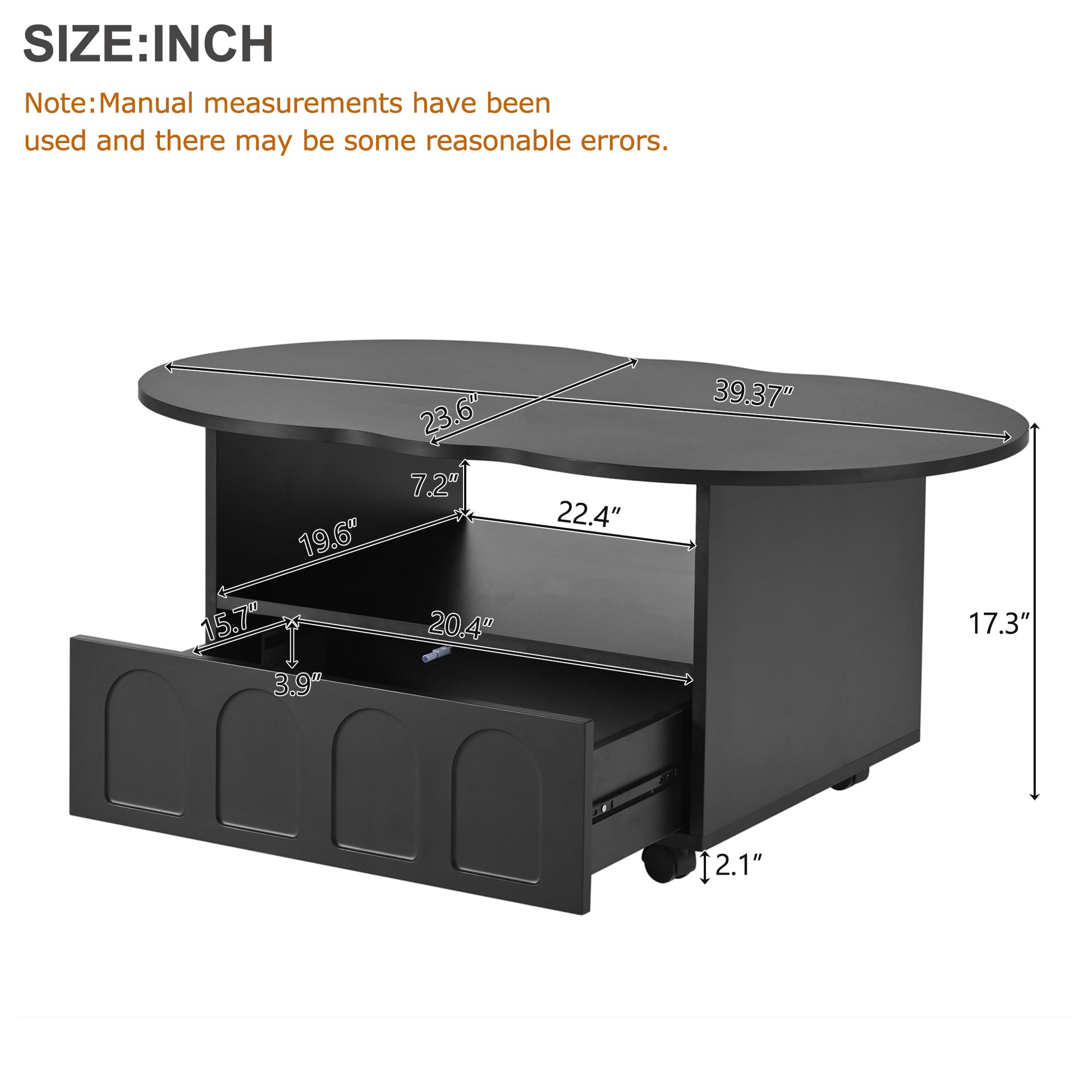 Flexible Cream Style Coffee Table With 2 Brake Wheels, Cloud Top Side Table With Drawer, Irregular Center Table With Large Storage For Living Room, Black, 39.37''X 23.6'' Black Particle Board