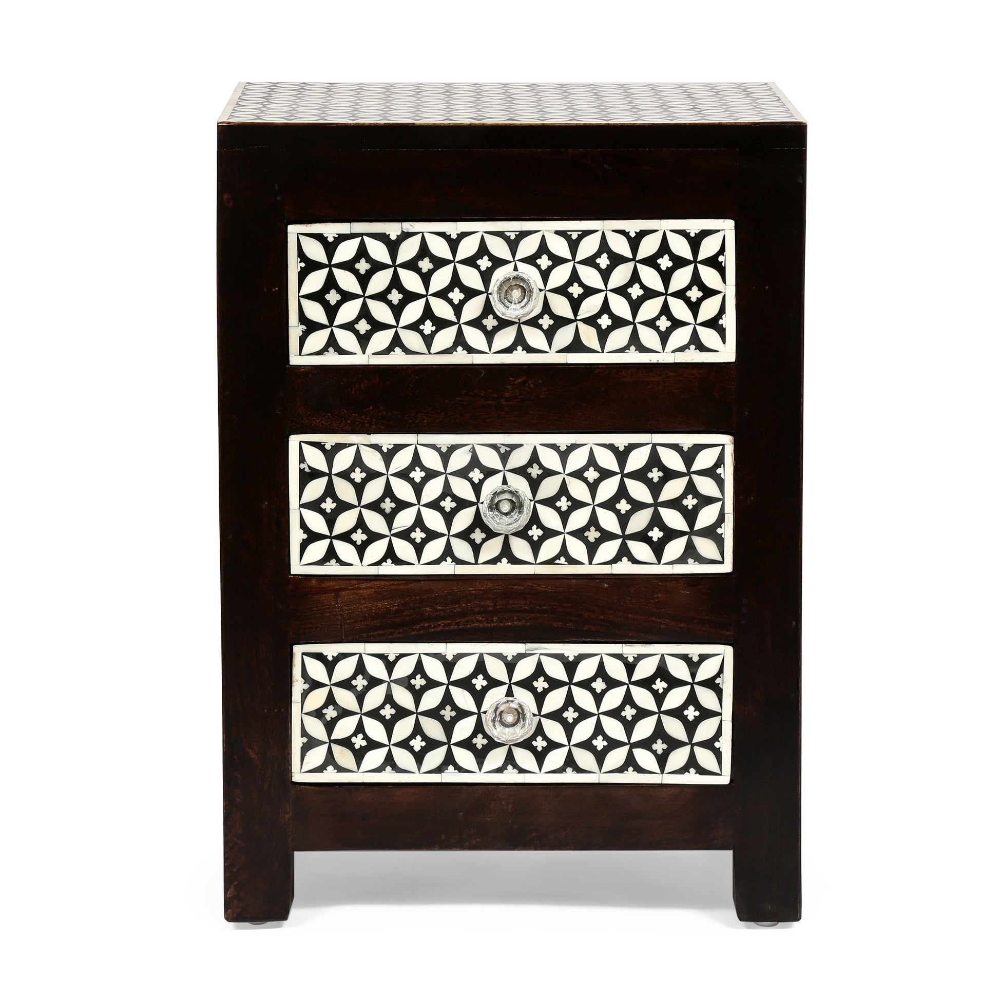 Wooden 3 Drawer Bone Fitted Nightstand Black Dark Walnut Wood