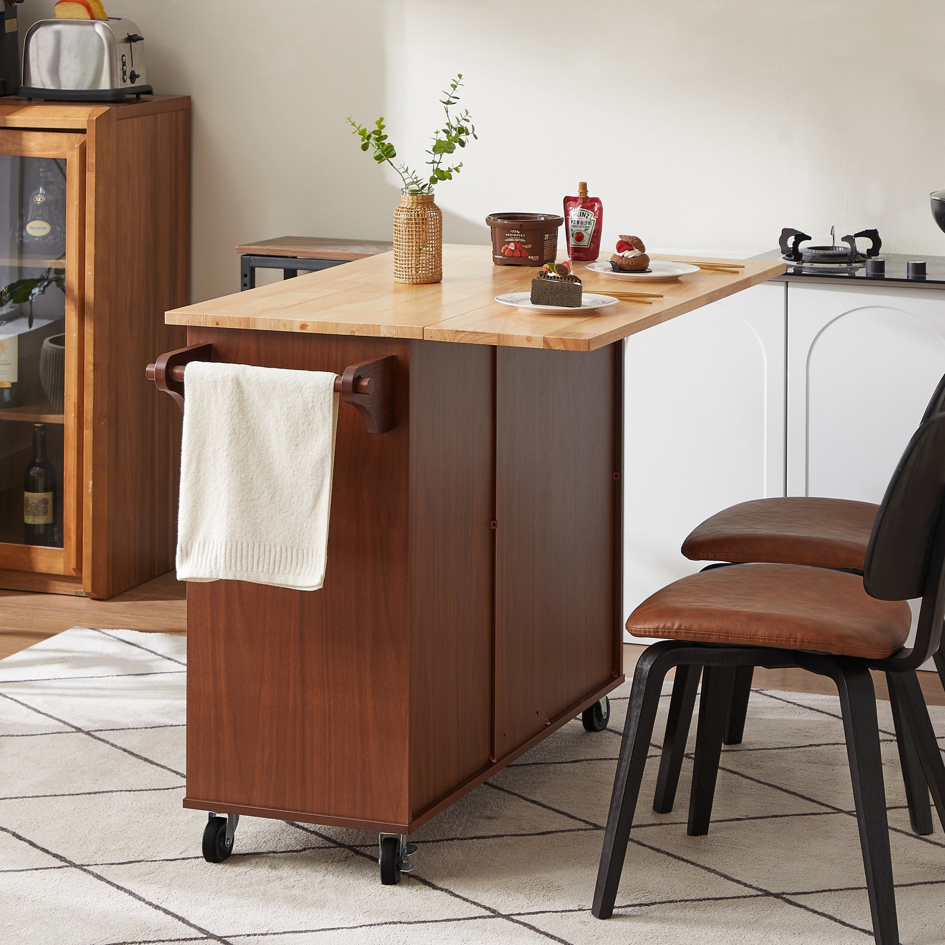 Kitchen Island With Drop Leaf Countertop, Rolling Kitchen Island Cartbarn Door Kitchen Island Table With Storage Cabinet And Tower Rack, Island Table On Wheels For Kitchen, Retro Brown Brown Brown Dining Room Rectangular Kitchen Carts Particle Board