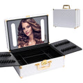 Portable Makeup Case With Led Mirror Travel Makeup Bag Cosmetic Organizer Box With Locks, Brush Holder, Dividers, Rechargeable, White White Aluminium Alloy